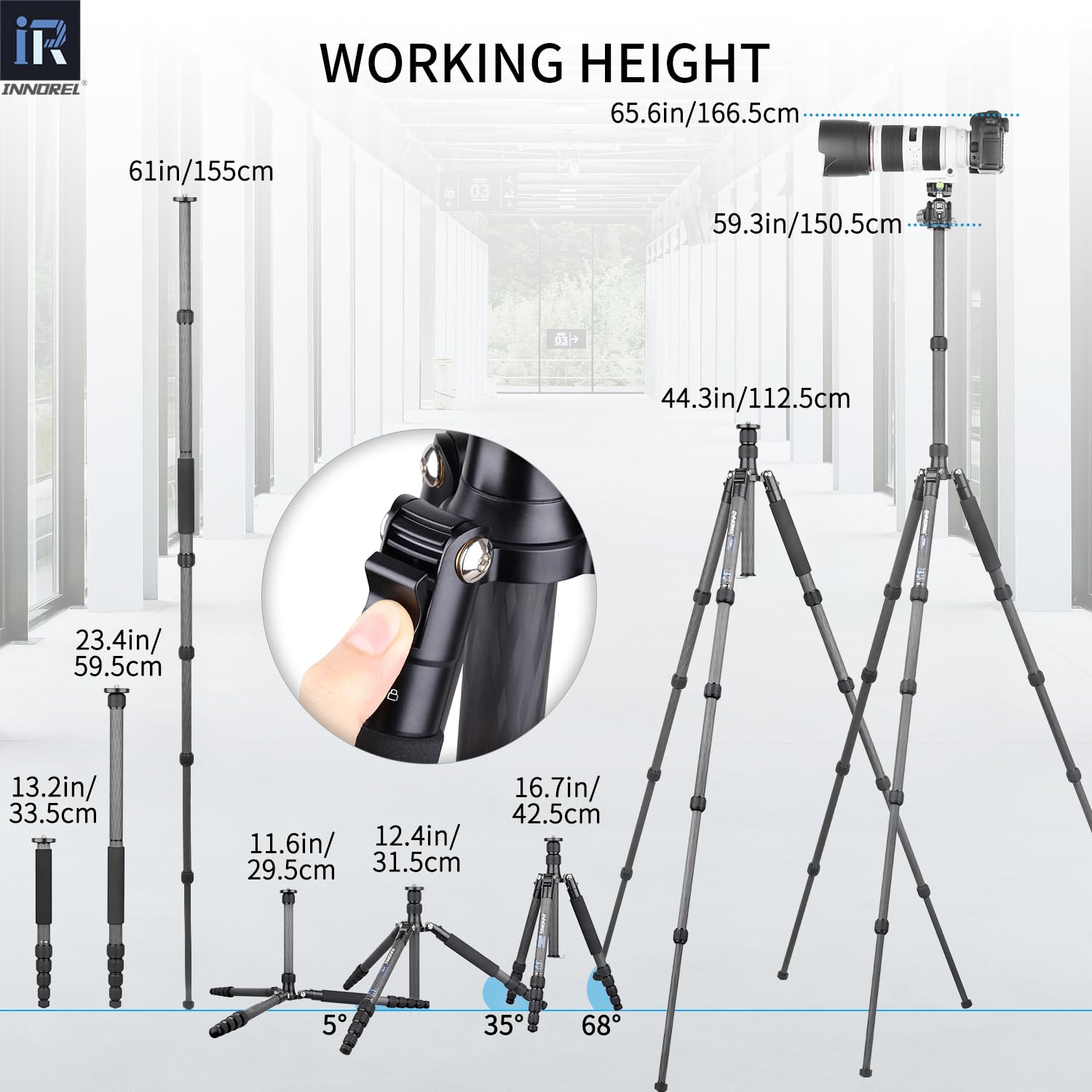 INNOREL RT55C Carbon Fiber Tripod - Lightweight Portable Travel Tripod & Monopod for DSLR Cameras, Max Height 59in/150cm, Load Capacity 26lb/12kg - Perfect for Photography, Vlogging & Outdoor Adventures