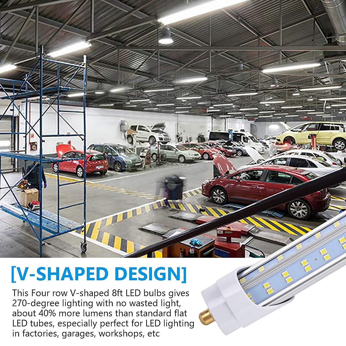 10PCS 8FT LED Tube Lights - 120W 19000LM 5000K Daylight White, Super Bright T8 T10 T12 Single Pin FA8 V-Shape Clear Cover Bulbs for Garage, Warehouse & Office Lighting