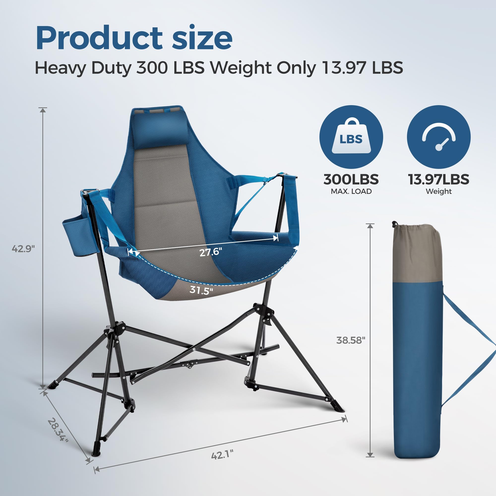 ALPHA CAMP Heavy Duty Folding Hammock Rocking Chair with Cup Holder - High Back Padded Portable Swinging Chair for Outdoor, Camping, Backyard, Lawn & Picnic - Oversized Steel Frame (Blue) - Perfect for Relaxing in Garden, Patio or Beach