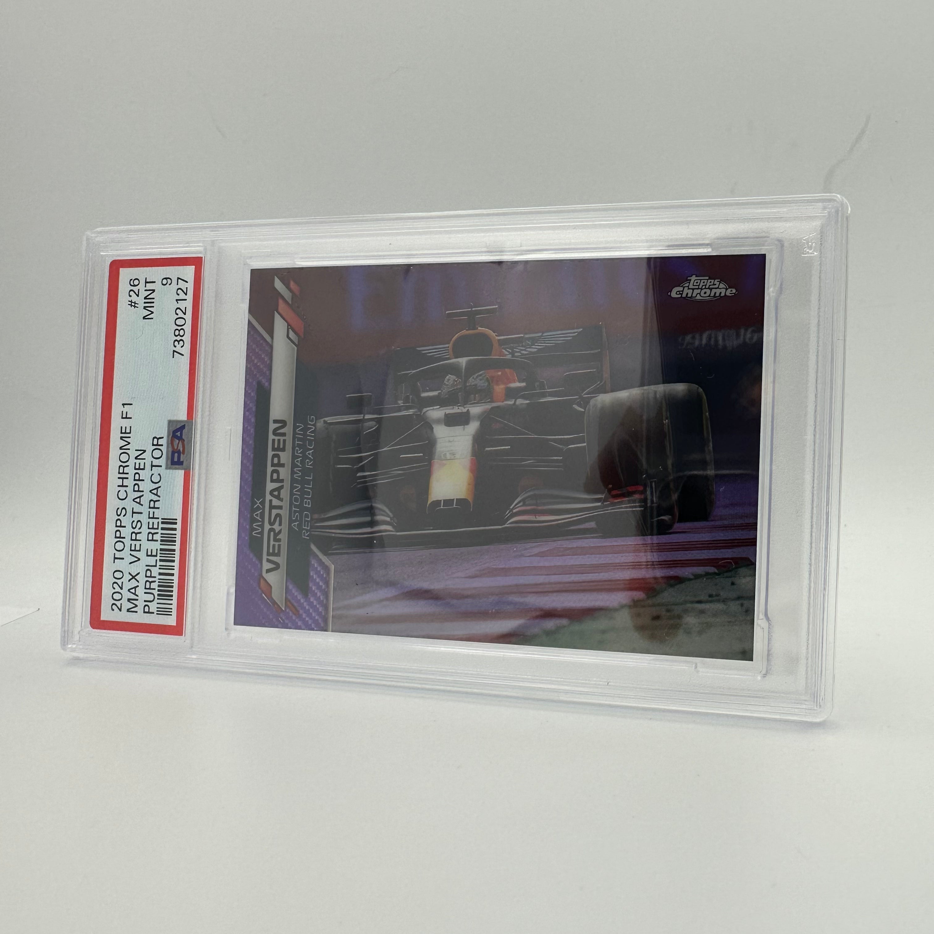PSA 9 196/399 MAX VERSTAPPEN #26 Purple Refractor Rookie Card - 2021 Topps Chrome F1 Racing Collectible for Display & Investment