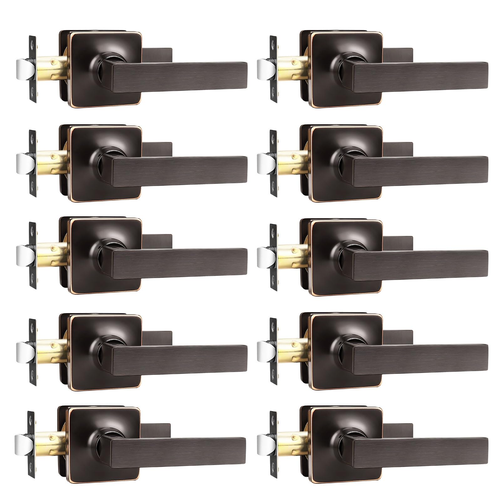 GOBEKOR 10 Pack Oil Rubbed Bronze Square Door Lever Handles - Keyless Passage Levers for Hallway, Closet & Interior Doors - Durable & Stylish Home Hardware Upgrade for Bedrooms, Bathrooms & Office Spaces