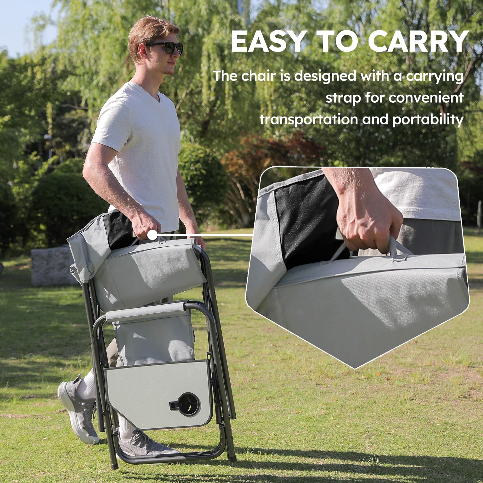 Heavy Duty Oversized Camping Chair with 600 LB Capacity - Folding Outdoor Chair with Detachable Side Pocket & Adjustable Side Table - Perfect for Beach, Lawn, Fishing, Tailgating & Backyard Relaxation (Black)