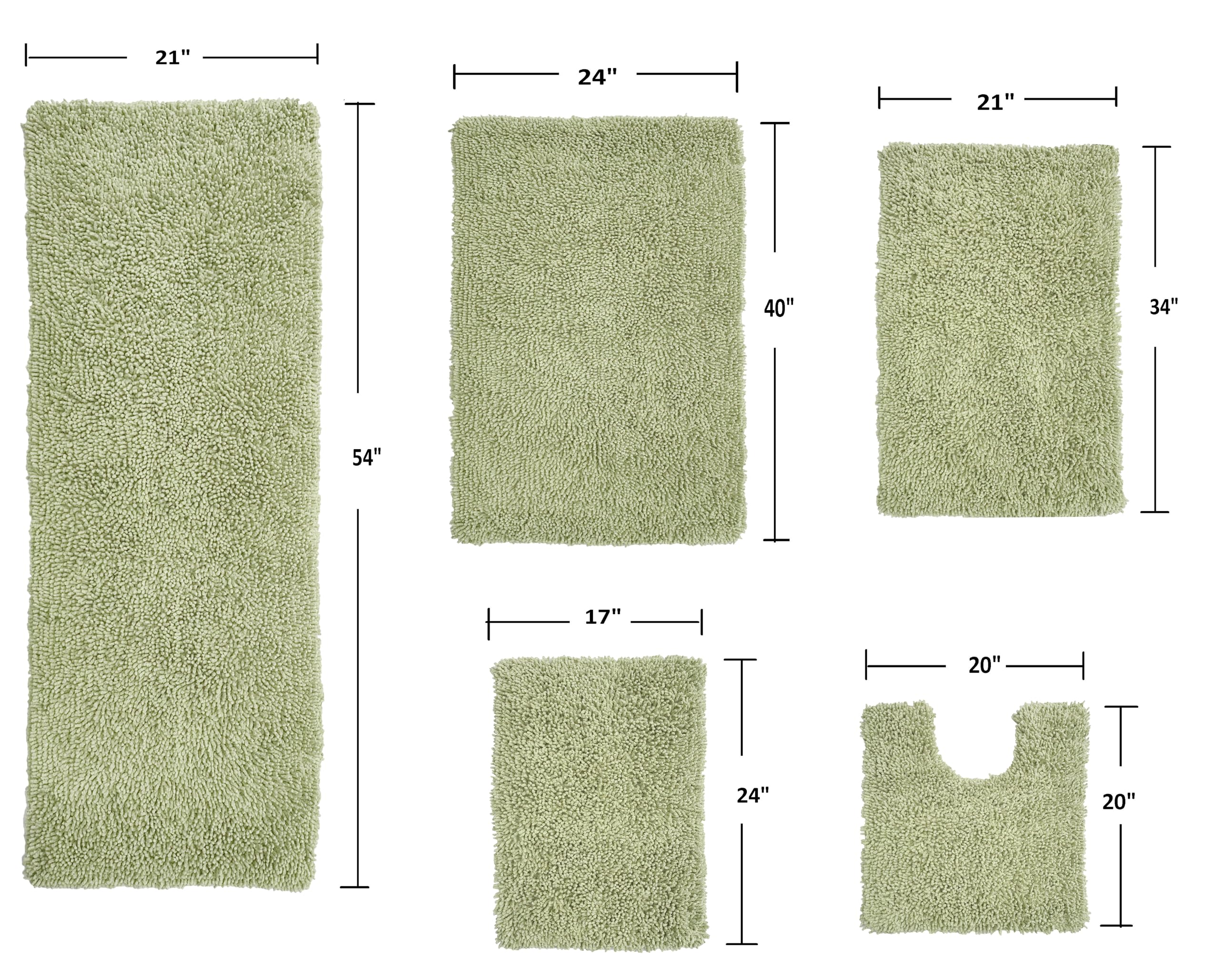 Home Weavers Fantasia 100% Cotton Bath Rug Set - Ultra Soft Absorbent Washable Bathroom Mats, Non-Slip Kitchen & Bath Floor Mats, 5-Piece Contour Set in Sage Green - Perfect for Bathrooms, Showers & Spa-Like Home Decor