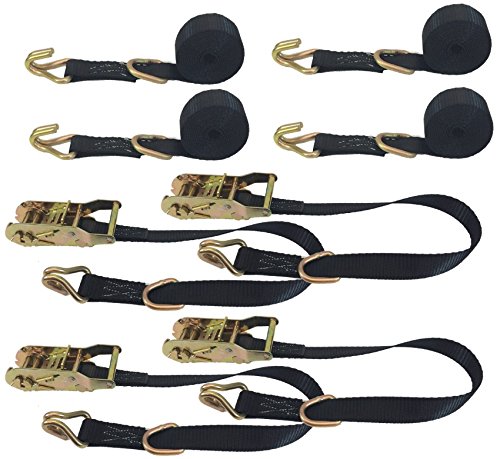 4 Pack Heavy Duty Black Ratchet Straps with Wire Hooks & D Rings - Secure Cargo, Motorcycle, ATV, Boat & Truck Loads - Perfect for Transport, Towing & Storage