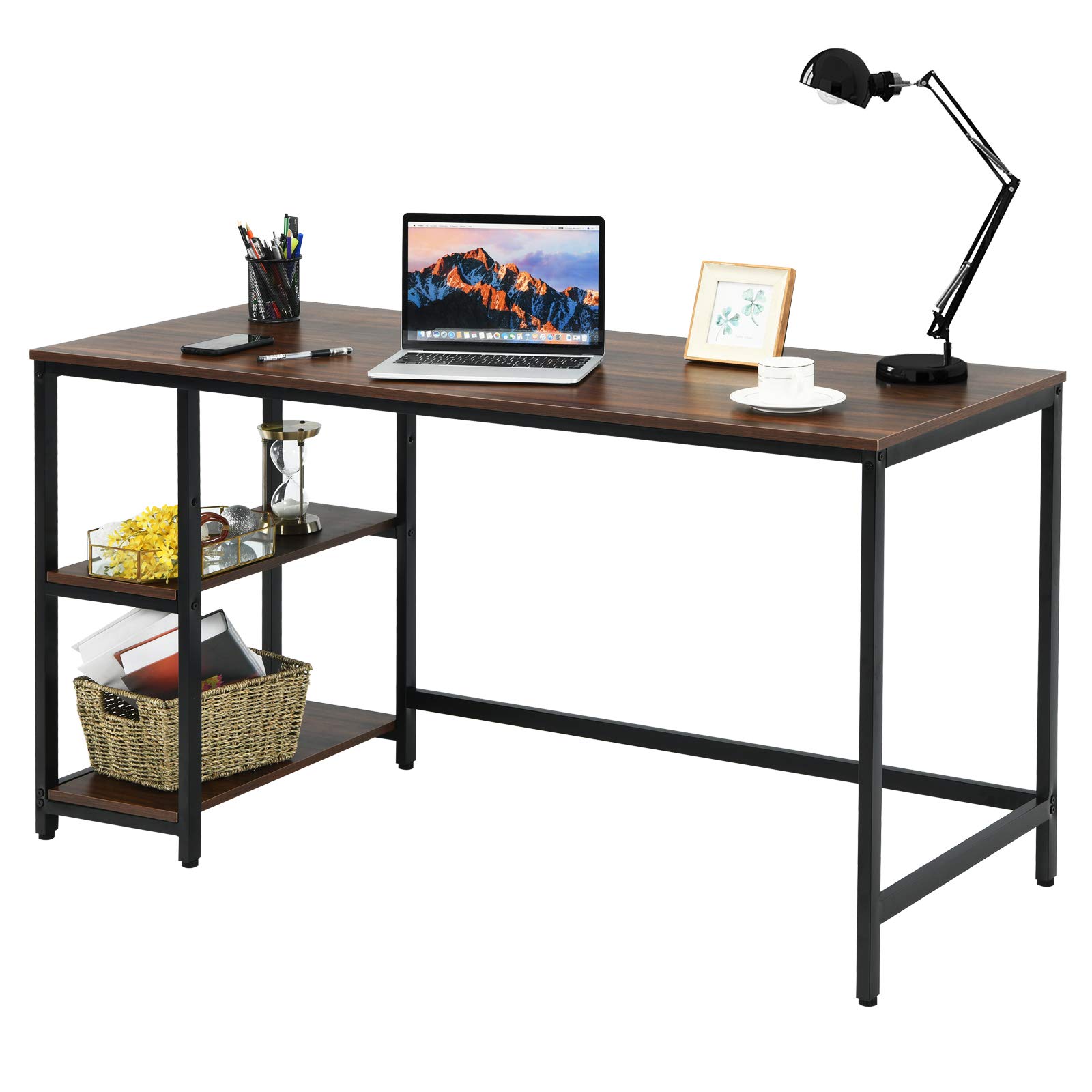 Tangkula Industrial Home Office Computer Desk with 2 Storage Shelves - Sturdy Metal Frame Writing Workstation for Study, Laptop & PC (Coffee Brown) - Perfect for Small Spaces, Dorm Rooms & Modern Workspaces