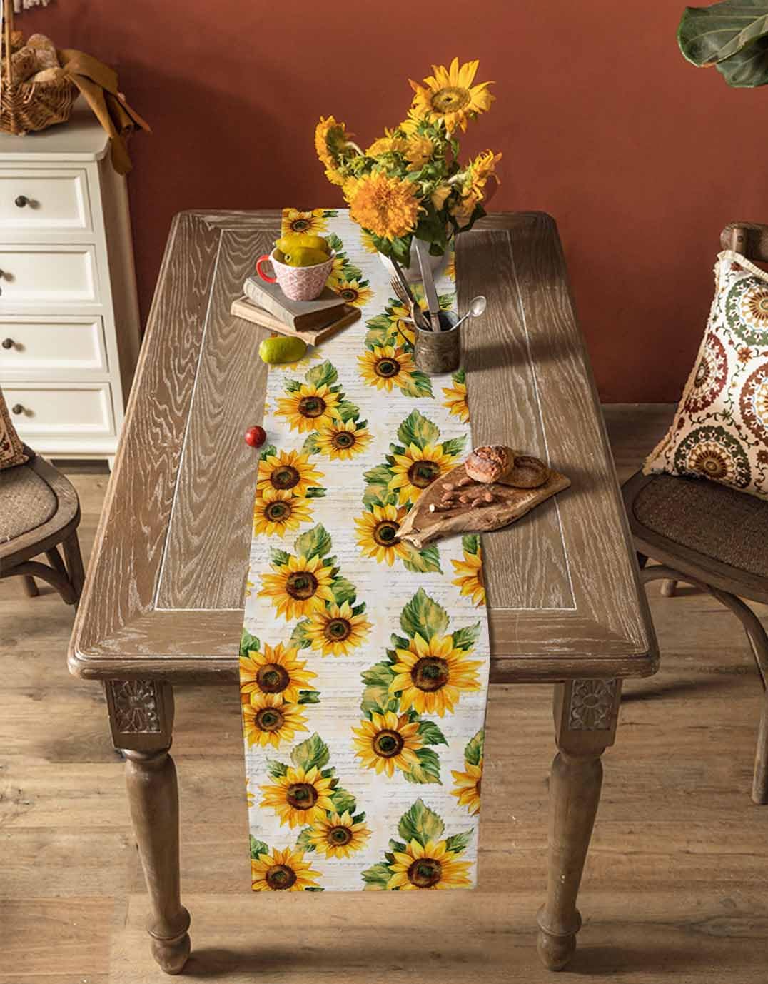 Sunflower Cotton Linen Table Runner - 18x72 Inch Rustic Farmhouse Kitchen Decor for Family Dinners, Banquets, Parties & Celebrations | Perfect for Dining Room, Wedding Decor and Seasonal Home Decoration