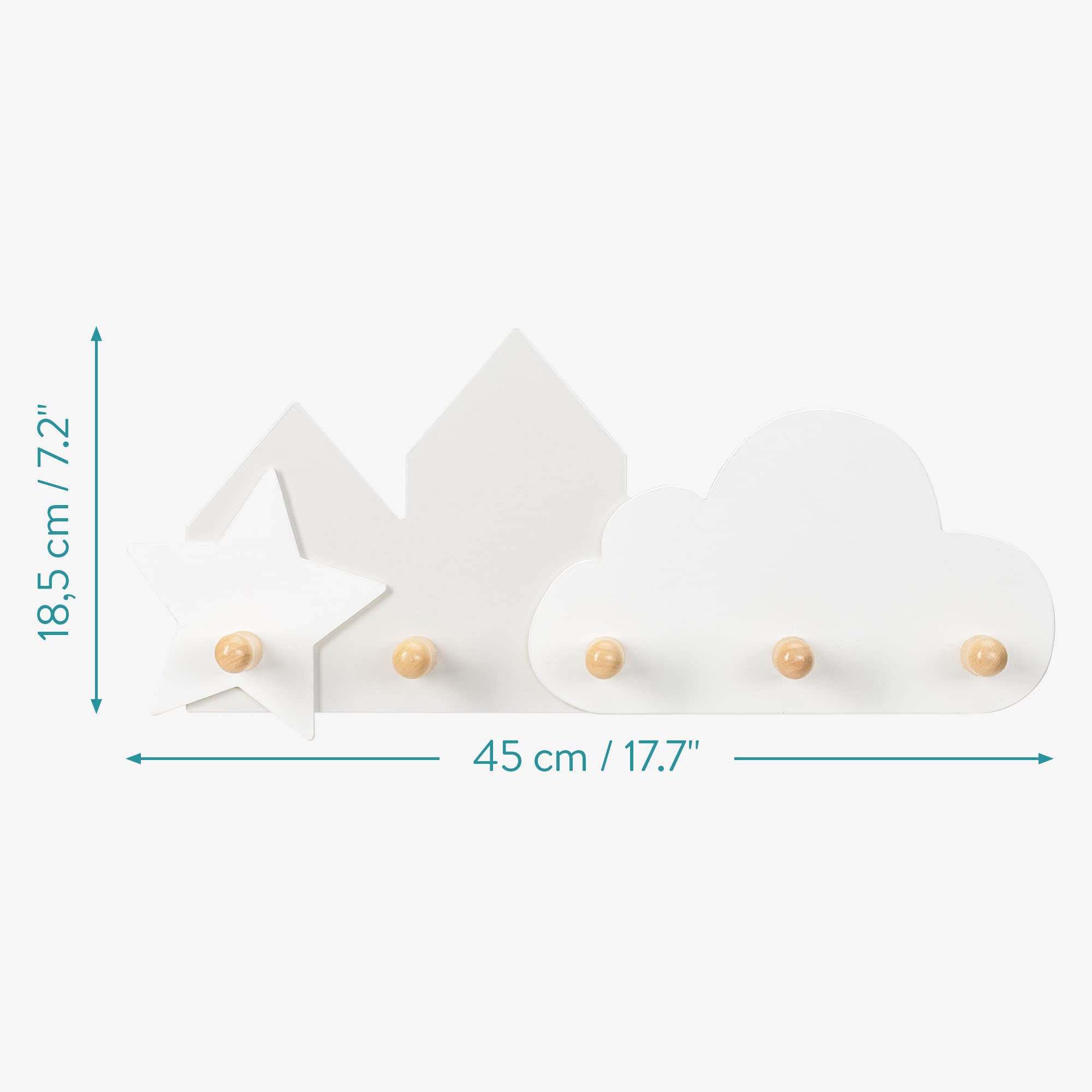 Navaris Kids Wall Mounted Coat Rooks - 5-Hook Wooden Coat Rack for Boys & Girls Bedroom, Nursery - Cloud & Star Design MDF Wall Decor - Perfect for Organizing Jackets, Hats & Backpacks in Children's Rooms