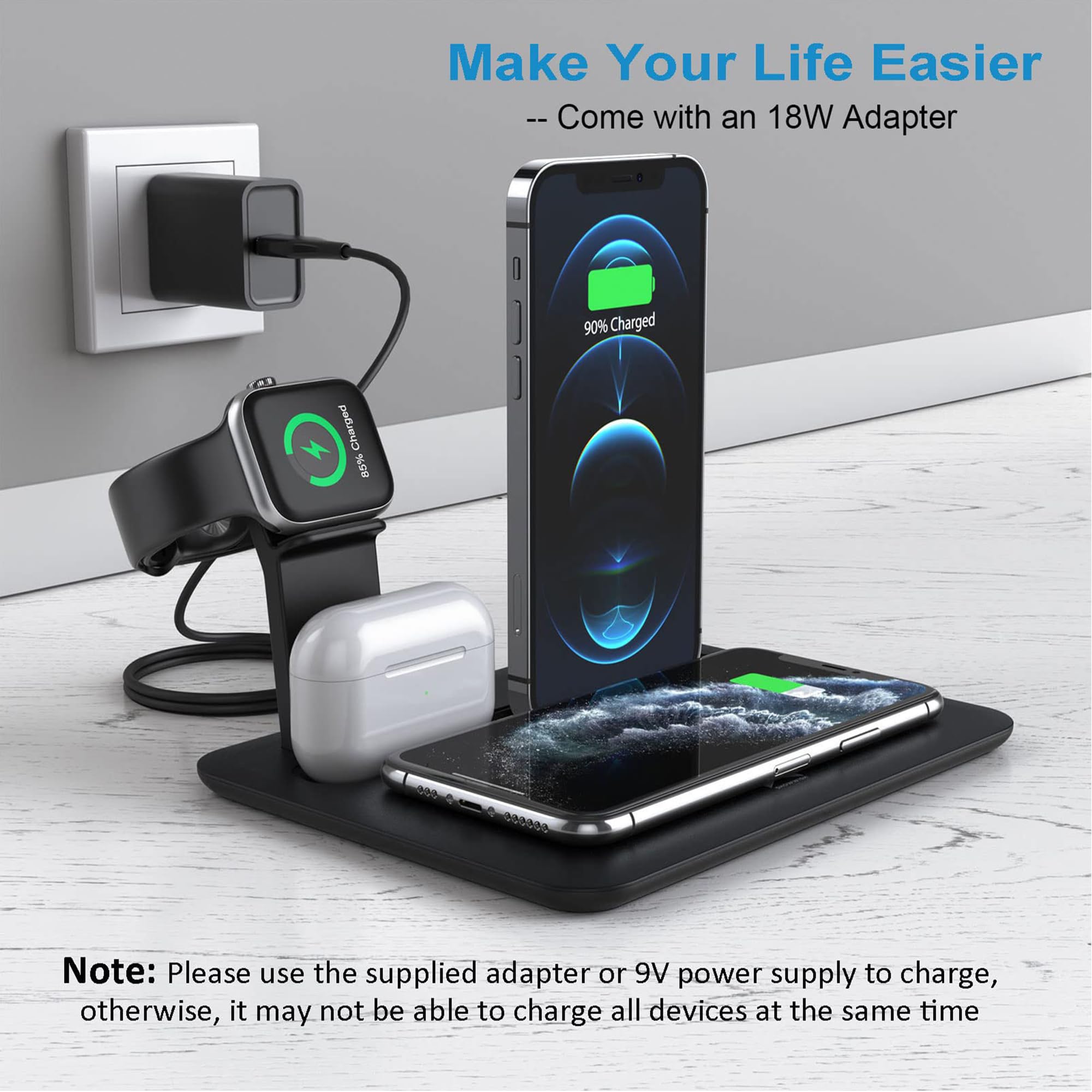 CHUYI 4-in-1 Wireless Charging Station with 18W Fast Charger - Compatible with iPhone 13/12/11 Series, AirPods & Type-C Devices | Multi-Device Charging Dock for Home, Office & Travel