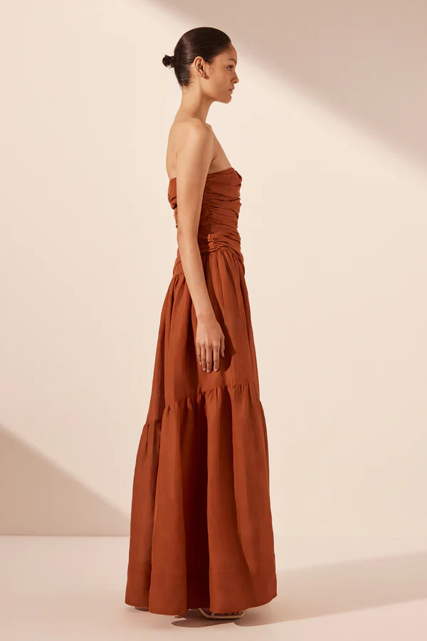 Celeste Strapless Tiered Maxi Dress in Rust - Elegant Summer Beach Wedding Guest Dress for Women
