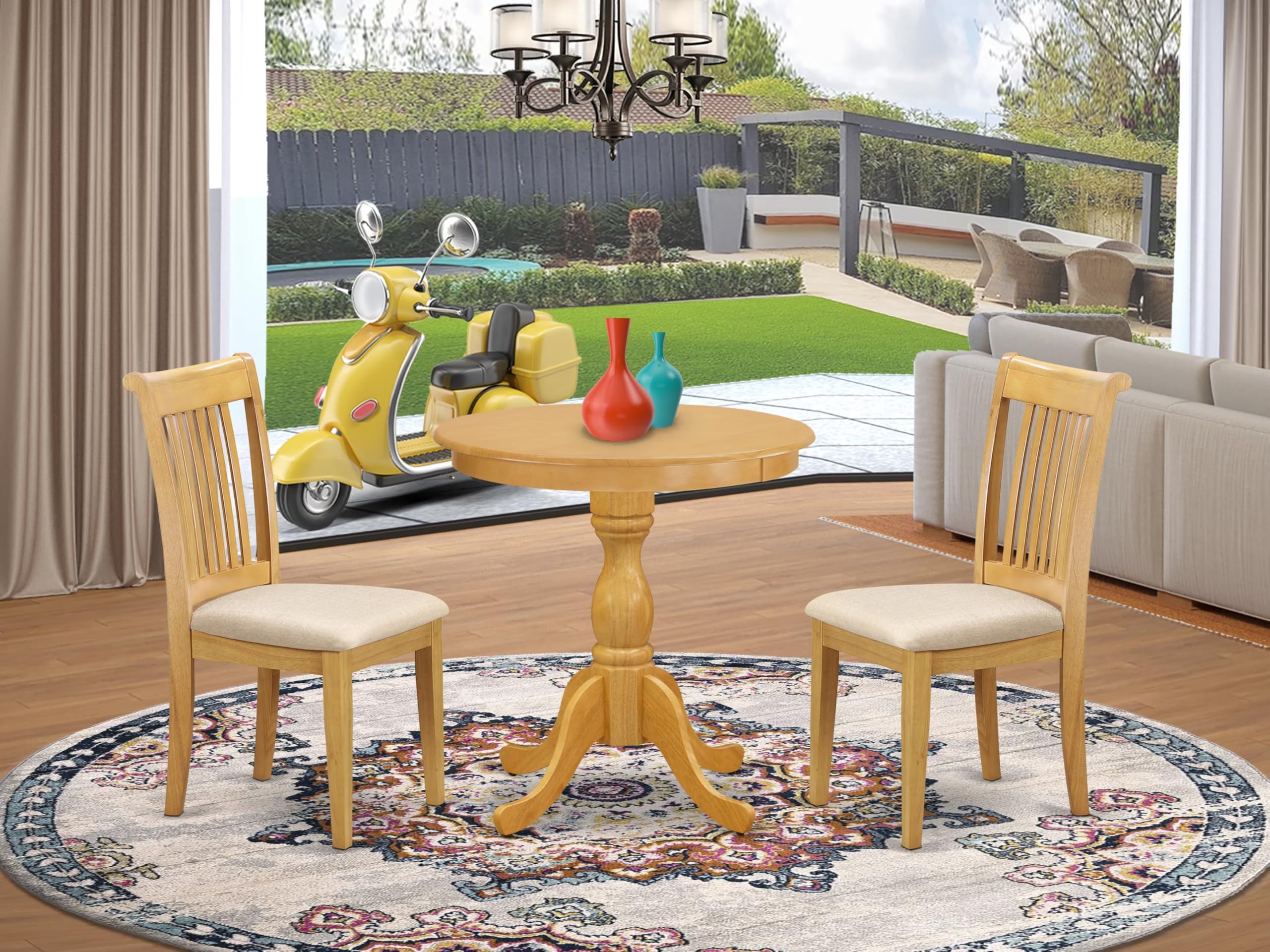 East West Furniture ESPO3-OAK-C 3-Piece Modern Dining Room Set - 30x30 Inch Round Pedestal Table with 2 Linen Upholstered Chairs in Oak Finish - Perfect for Small Space Dining, Kitchen Nooks & Apartment Living
