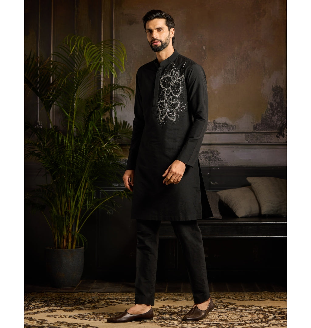 Black & Silver Star Dust Floral Motif Kurta with Matching Black Pants - Elegant Indian Ethnic Outfit for Women | Perfect for Festivals, Weddings & Cultural Events