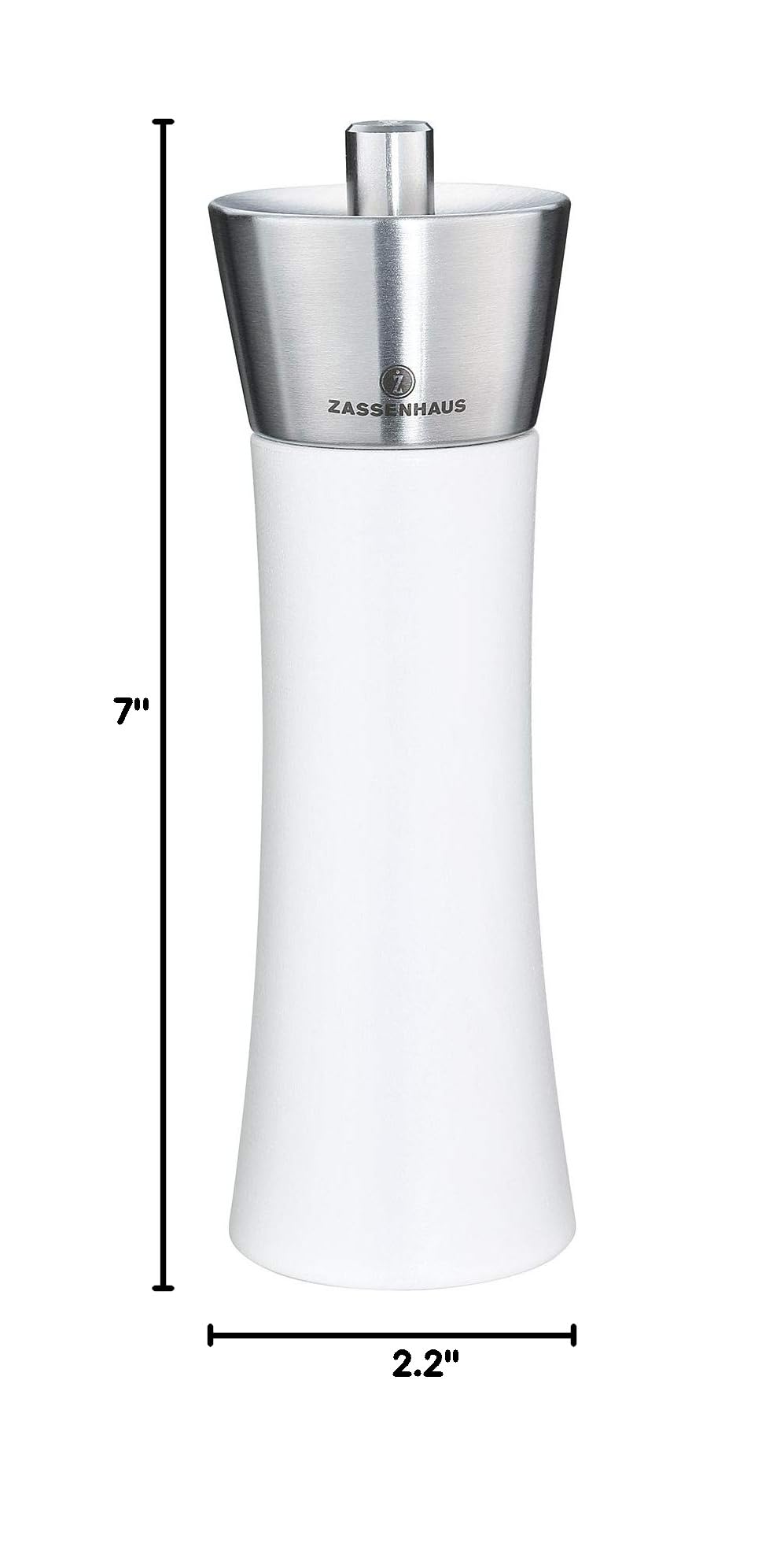 Premium Zassenhaus Augsburg 7-Inch Pepper Mill - Gloss White with Stainless Steel Grinder - Adjustable Coarseness for Fresh Ground Pepper - Perfect for Kitchen, Dining Table & Gourmet Cooking
