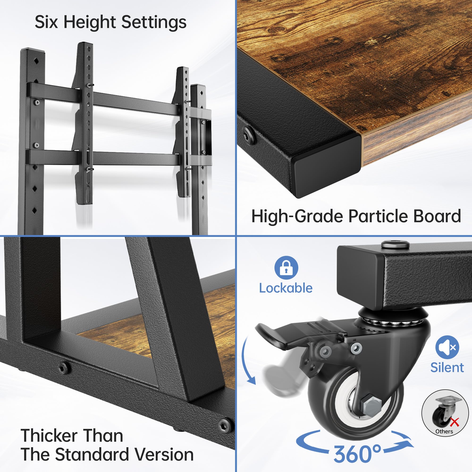 Heavy-Duty Rolling TV Stand with Large Storage - Mobile TV Cart for 32-75 Inch TVs (Max VESA 600x400mm, 150 lbs Capacity) - Adjustable Height TV Stand for Living Room, Bedroom, Office & Outdoor Use - Rustic Brown Finish