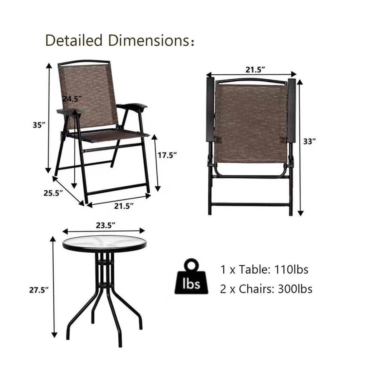 LUARANE 3-Piece Outdoor Bistro Set - Folding Patio Table & 2 Chairs with Textured Glass Top - Perfect for Balcony, Porch, Backyard, Garden & Small Outdoor Spaces | Ideal for Morning Coffee, Relaxing & Entertaining Guests
