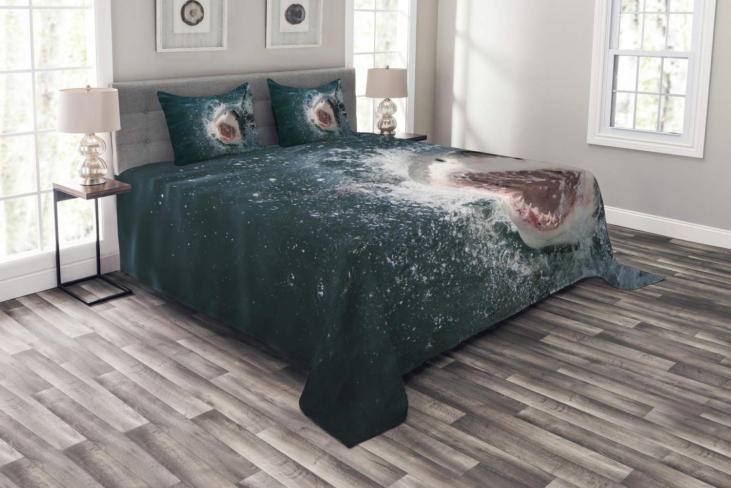Ambesonne Shark Bedspread Set - 3 Piece King Size Ocean Animal Print Bedding with 2 Pillow Shams, Petrol Blue Grey White - Perfect for Shark Lovers' Bedroom Decor & Marine Theme Rooms