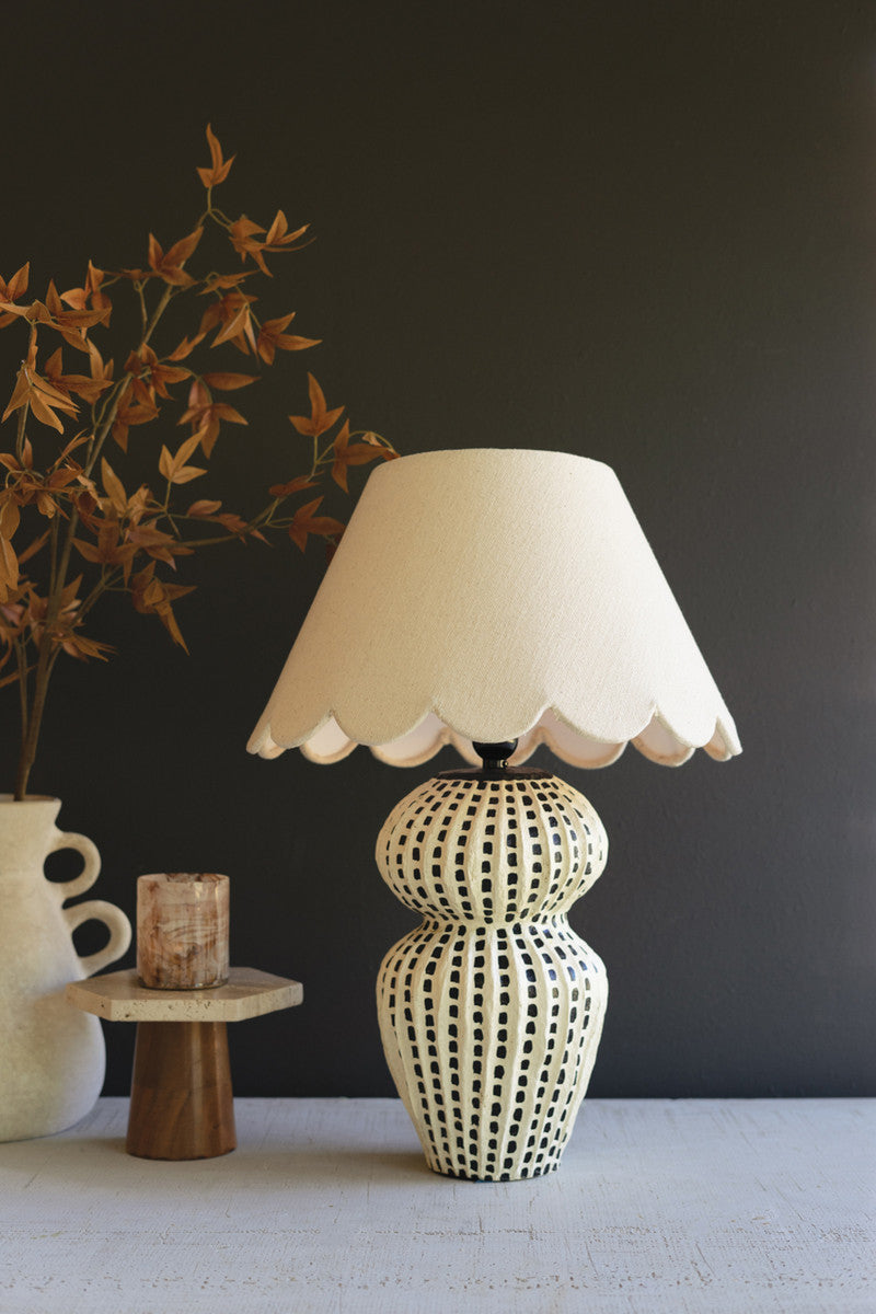 Handmade Paper Mache Table Lamp with Black Vertical Dots & Scalloped Fabric Shade - Vintage Style Bedside Lighting for Bedroom, Living Room, or Office Decor