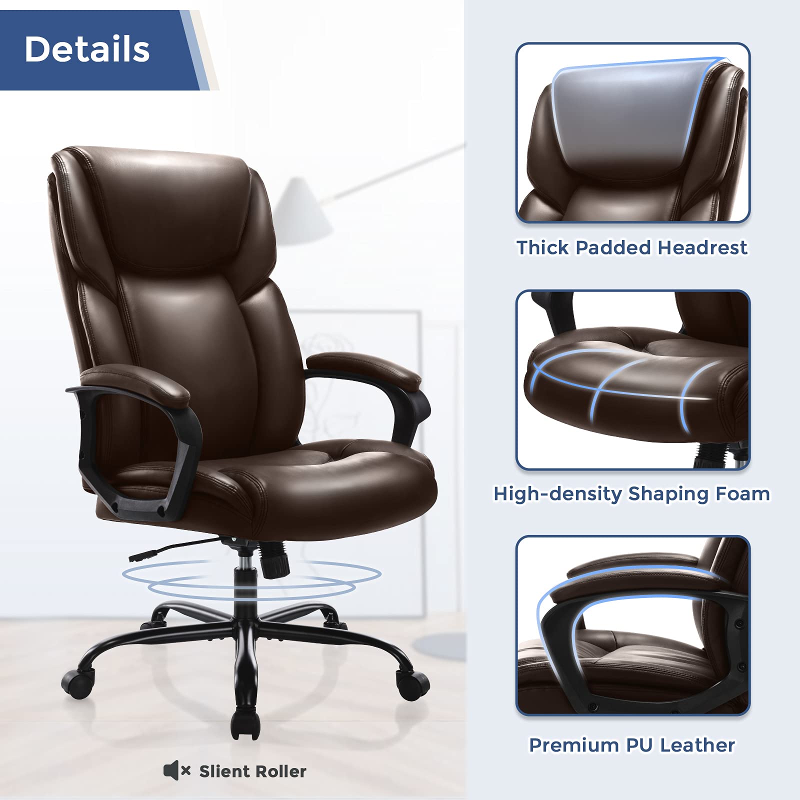 Ergonomic High Back Executive Office Chair - Adjustable PU Leather Managerial Swivel Task Chair with Lumbar Support for Home & Office Use, Brown - Perfect for Long Work Hours, Video Conferencing and Computer Workstations