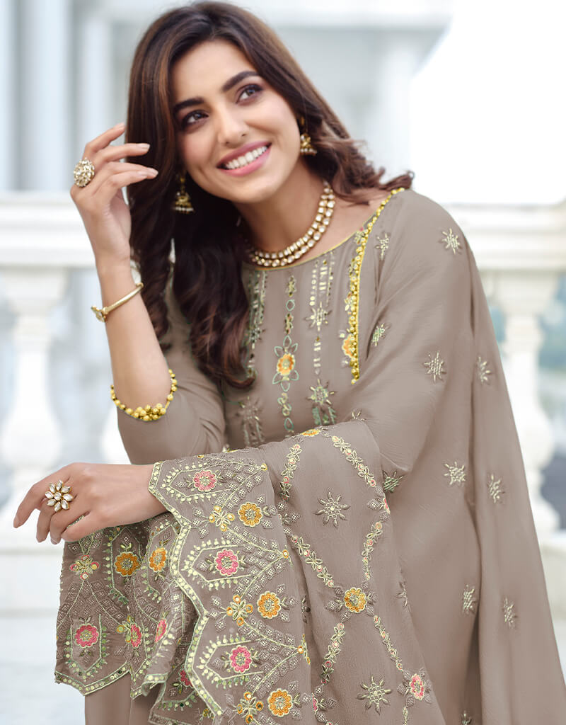 Beige Fox Georgette Palazzo Salwar Suit for Women - Elegant Indian Ethnic Wear for Weddings, Parties & Festivals