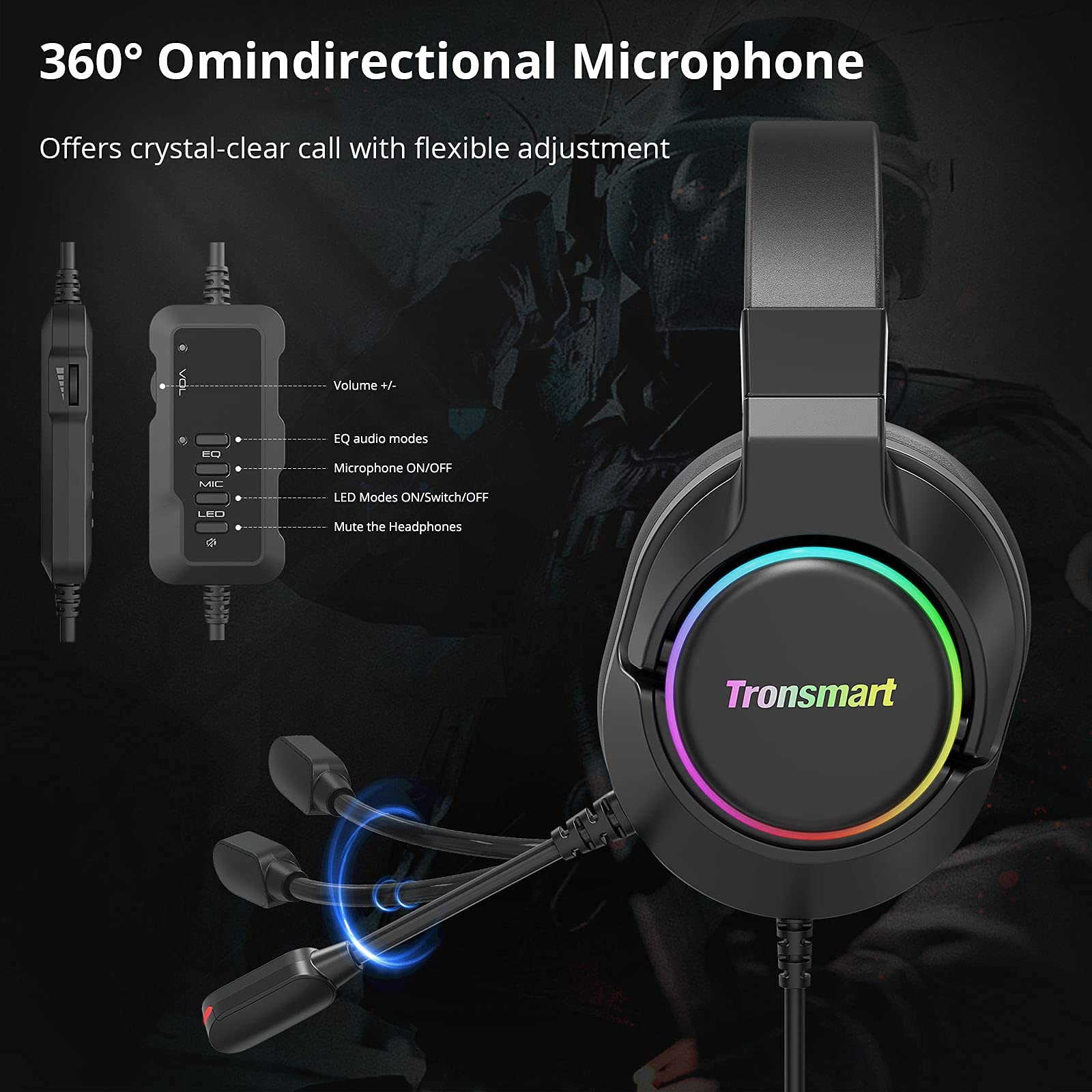 Tronsmart Sparkle RGB Gaming Headset with Microphone, 7.1 Virtual Surround Sound, 50mm Drivers, Noise Cancelling - Compatible with PS4/PS5/Switch/Mac/PC - Perfect for Gaming, Streaming & Online Meetings