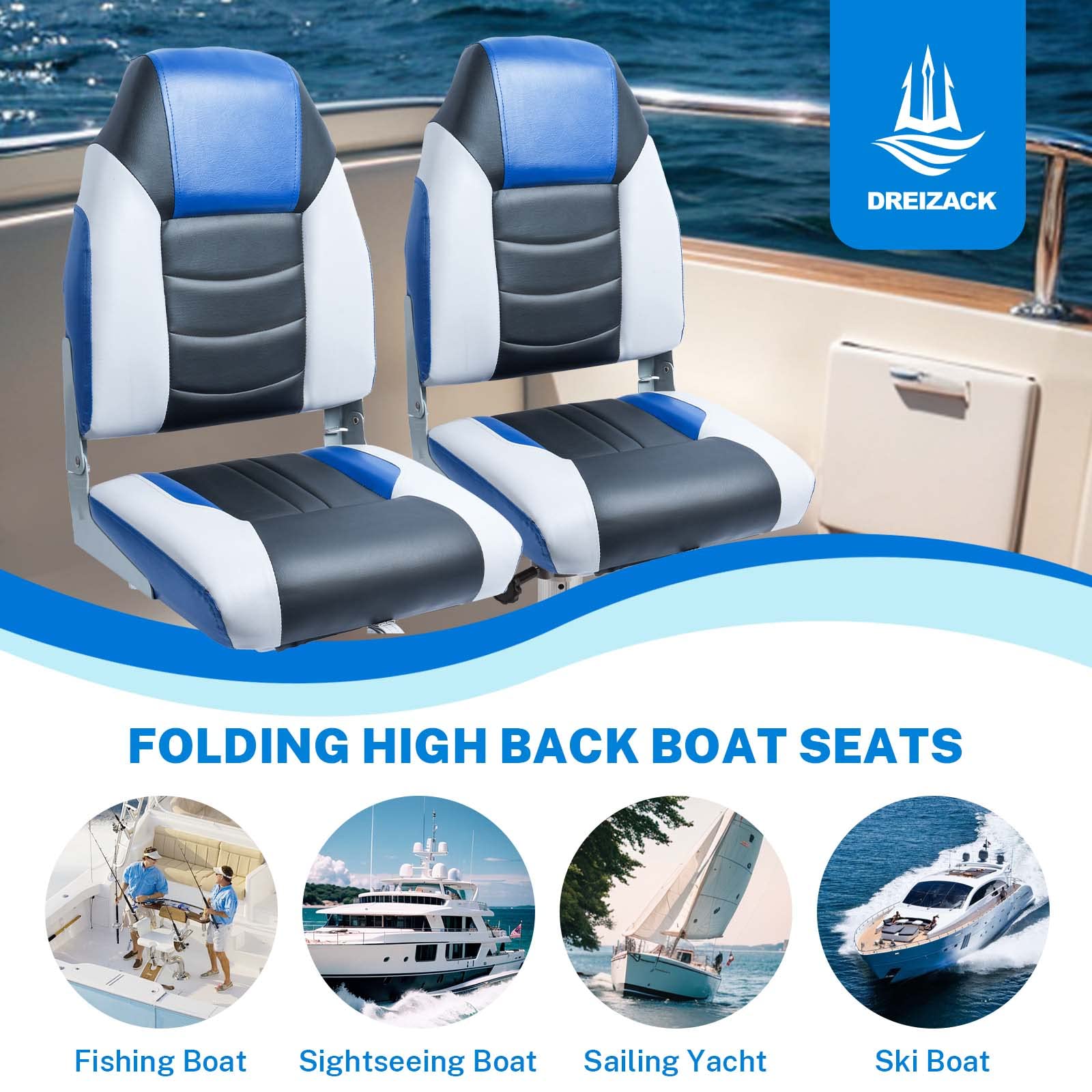 Premium 2-Pack Dreizack Folding High Back Fishing Boat Seats - Waterproof Pontoon & Bass Tracker Chairs with Stainless Steel Hardware, Aluminum Hinges & Thickened Cushion - Perfect for Fishing, Boating & Marine Adventures