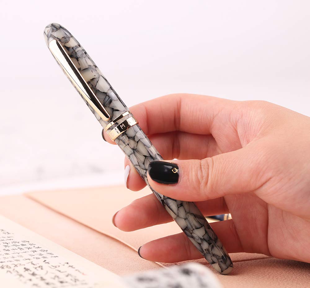 Premium Lanxivi M200 Fountain Pen - Gray Marble Design with SCHMIDT Iridium Fine Nib & Gold Clip | Vintage Style Writing Pen with Signature Case Set | Perfect for Calligraphy, Journaling & Business Signatures