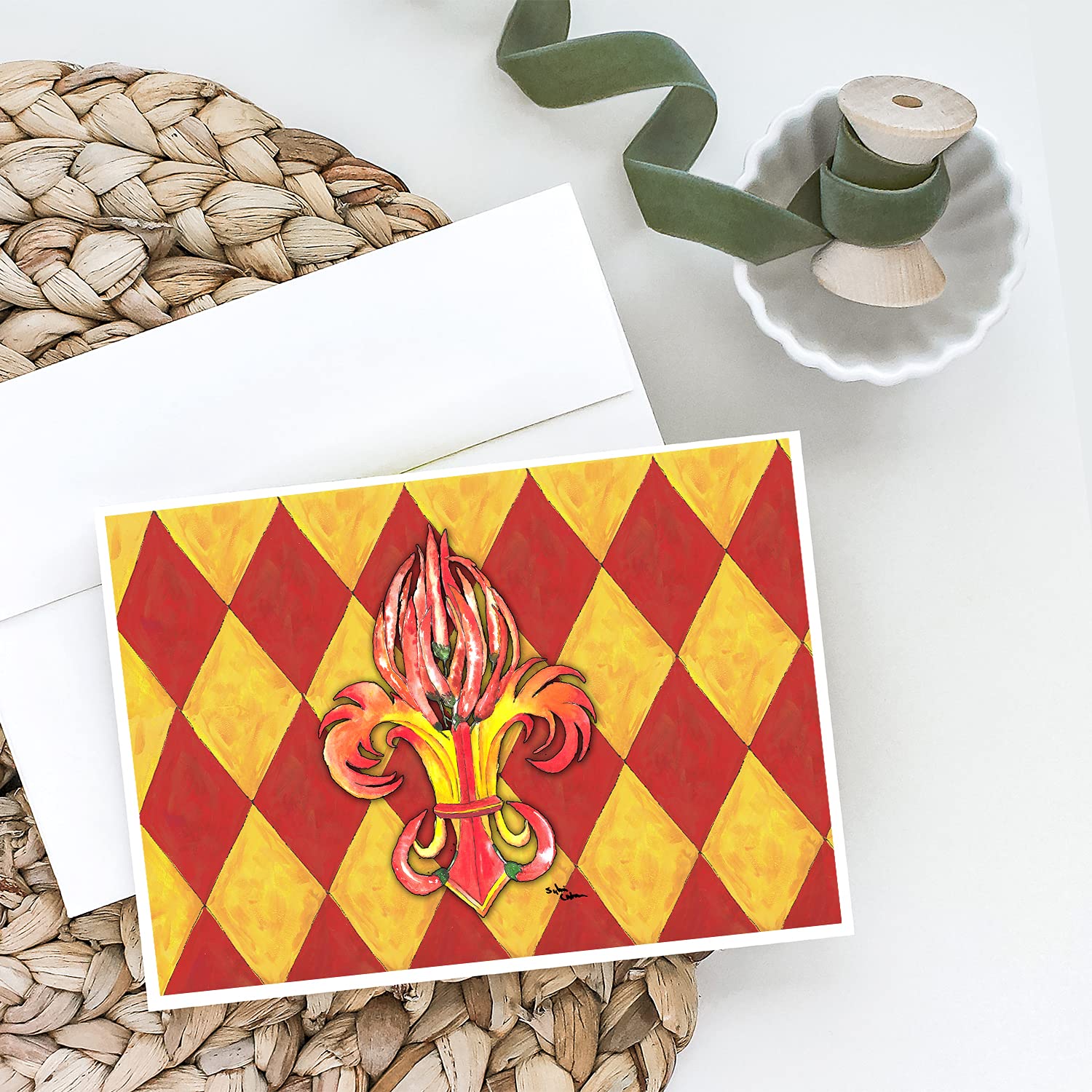 Peppers Fleur de Lis Blank Greeting Cards - Pack of 8 A7 Size (5x7) Note Cards with Envelopes | Whimsical Floral Design for Thank You Notes, Birthday Wishes & Special Occasions | Caroline's Treasures 8499GCA7P