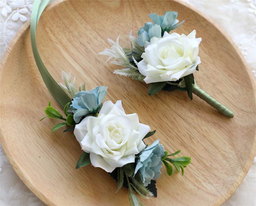 Artificial Rose Boutonniere & Corsage Set - Silk Flower for Wedding, Prom, Party - Elegant White Roses for Bridal Bouquet, Groom Boutonniere & Corsage
