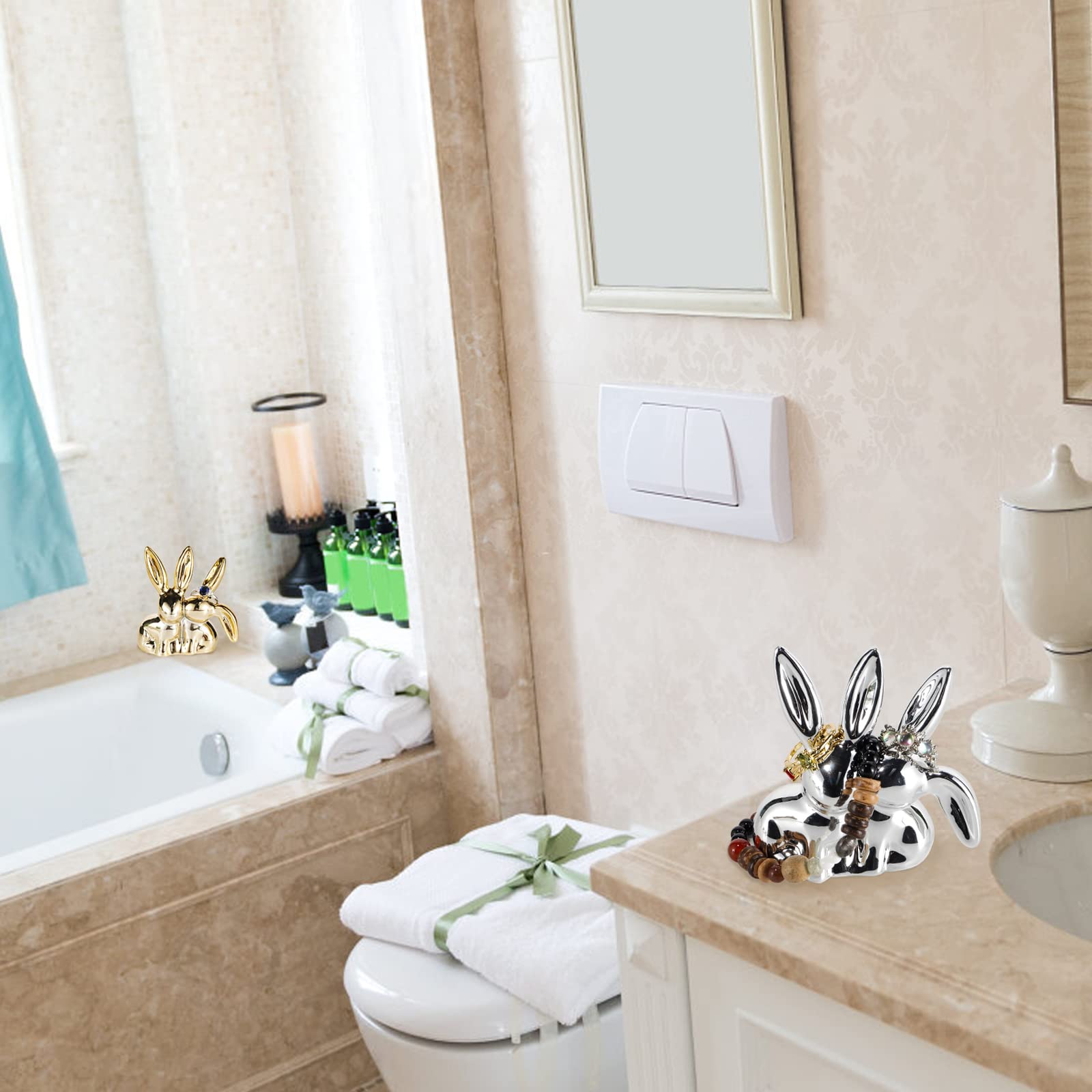 Ceramic Bunny Ring Holder for Jewelry - Elegant Silver Rabbit Ring Dish for Wedding & Engagement Rings - Perfect for Jewelry Display, Bathroom Organizer, and Gift Giving