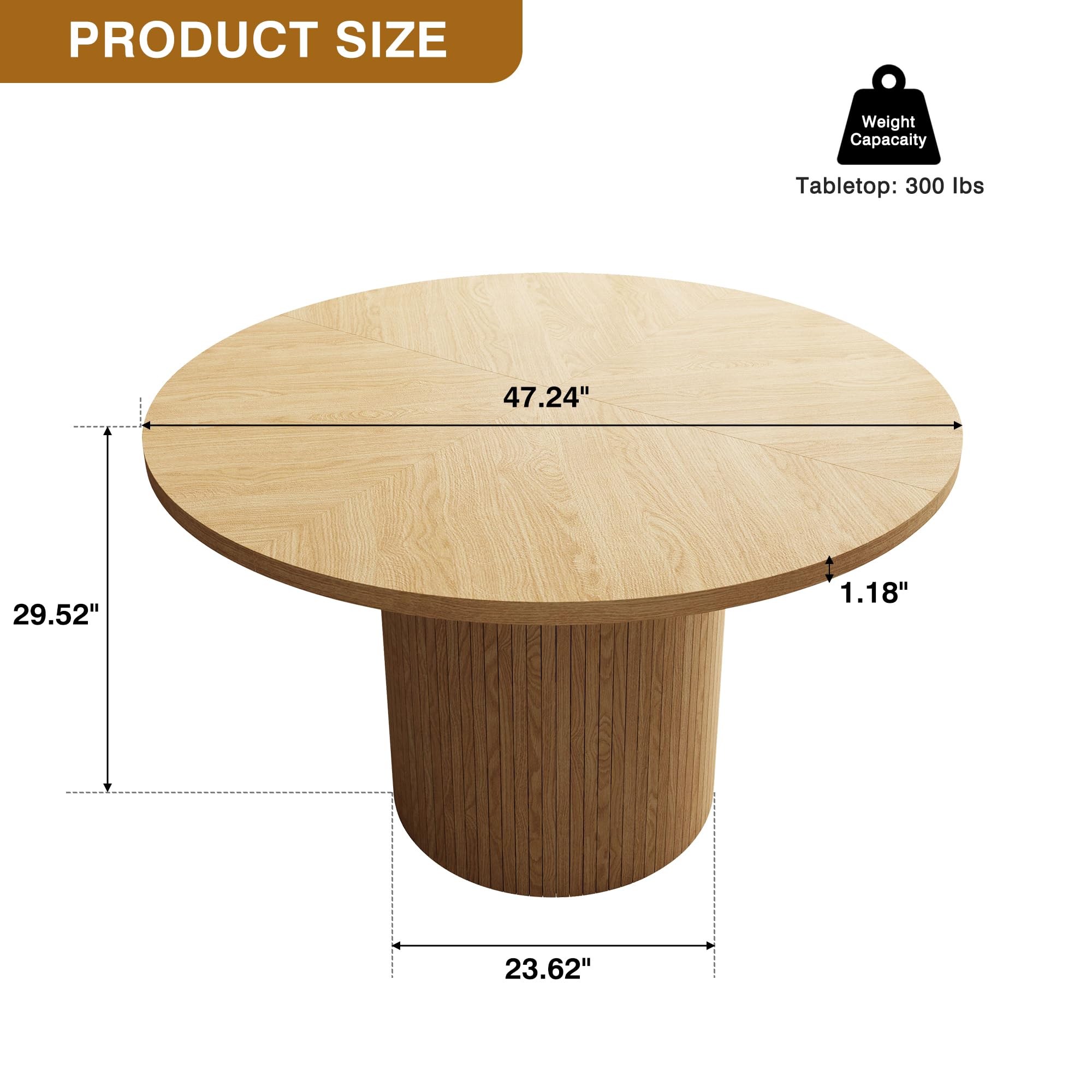 47 Inch Round Dining Table - Farmhouse Fluted Pedestal Base, Modern Solid Wood Small Circle Kitchen Table for Dining Room & Living Room | Perfect for Small Spaces, Breakfast Nooks & Cozy Gatherings