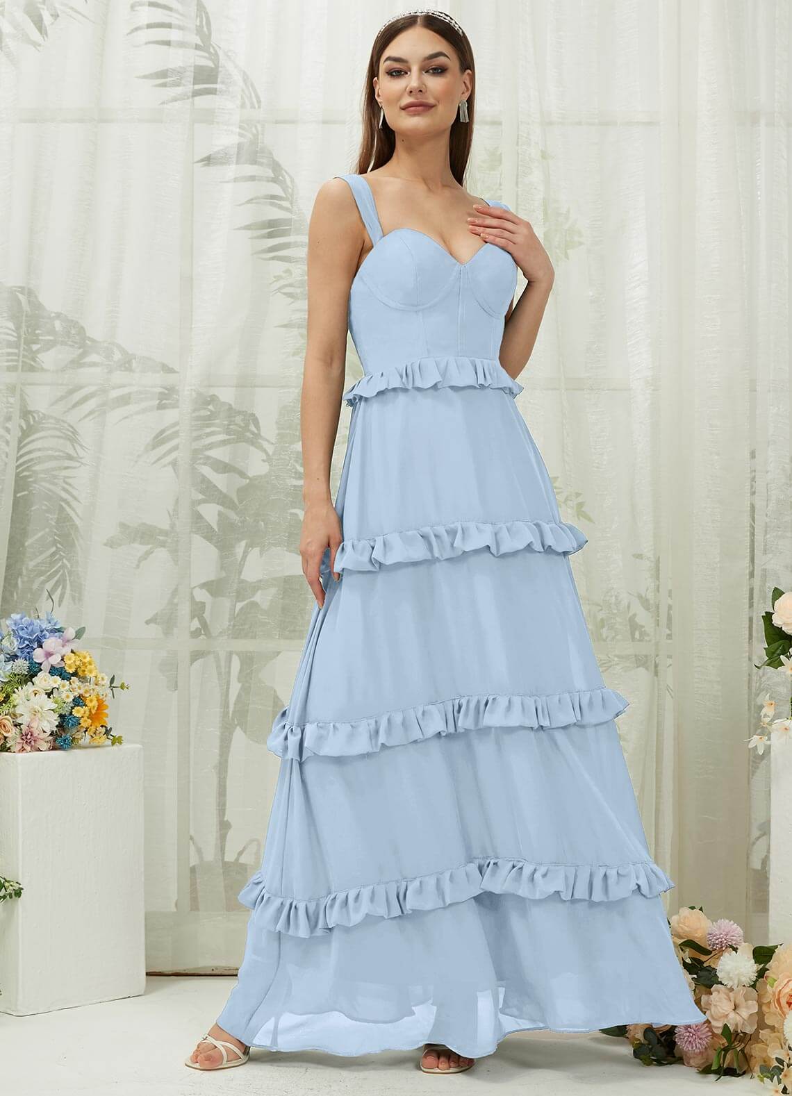 Cornflower Blue Chiffon Sweetheart Neckline Strapless Tiered Maxi Bridesmaid Dress for Wedding Party & Formal Occasions