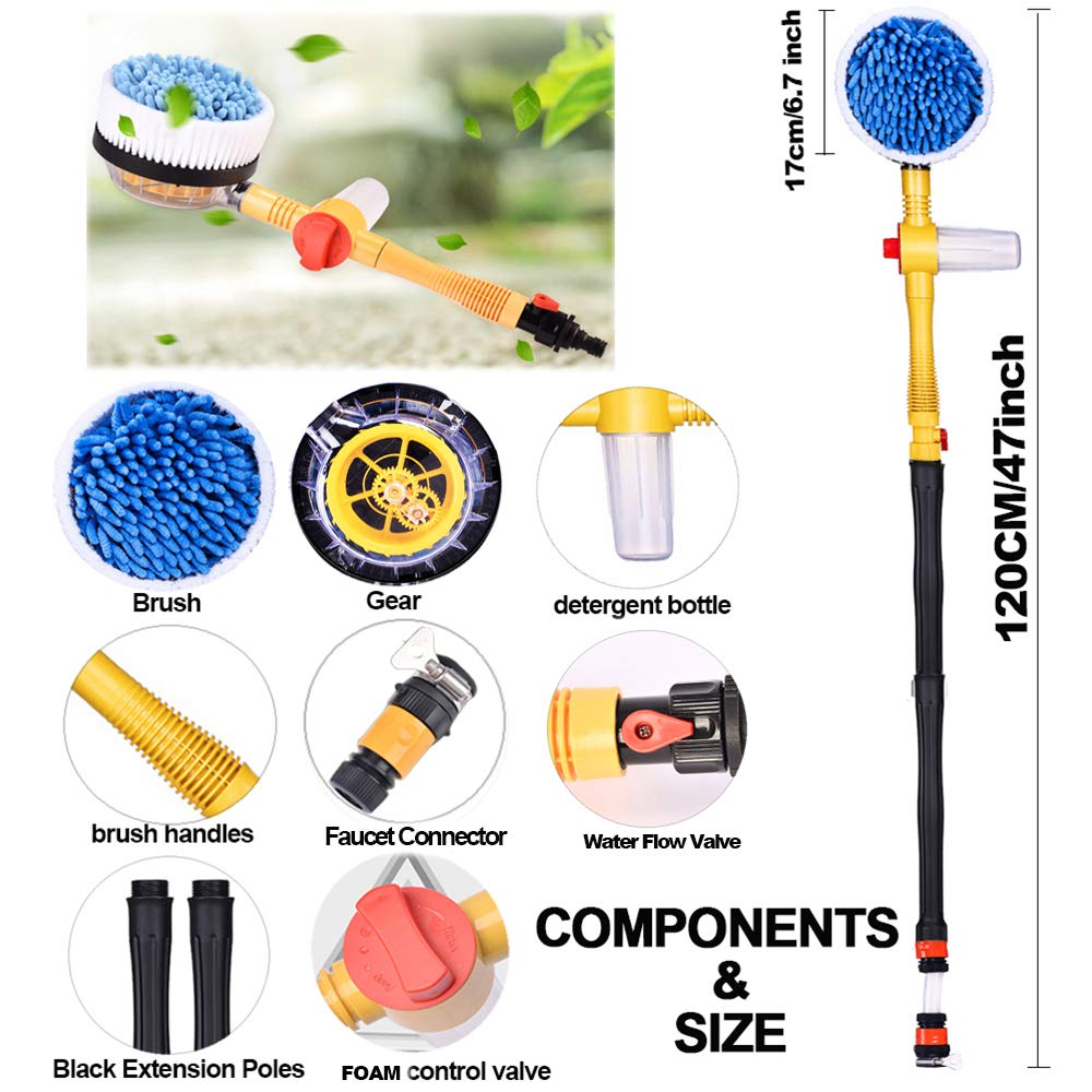 360° Spin Car Wash Brush with Microfiber Head - Detachable & Extendable Scrub Brush for Car Cleaning - Includes Garden Hose Spray Nozzle - Perfect for Car Detailing, Home Cleaning & Outdoor Garden Use