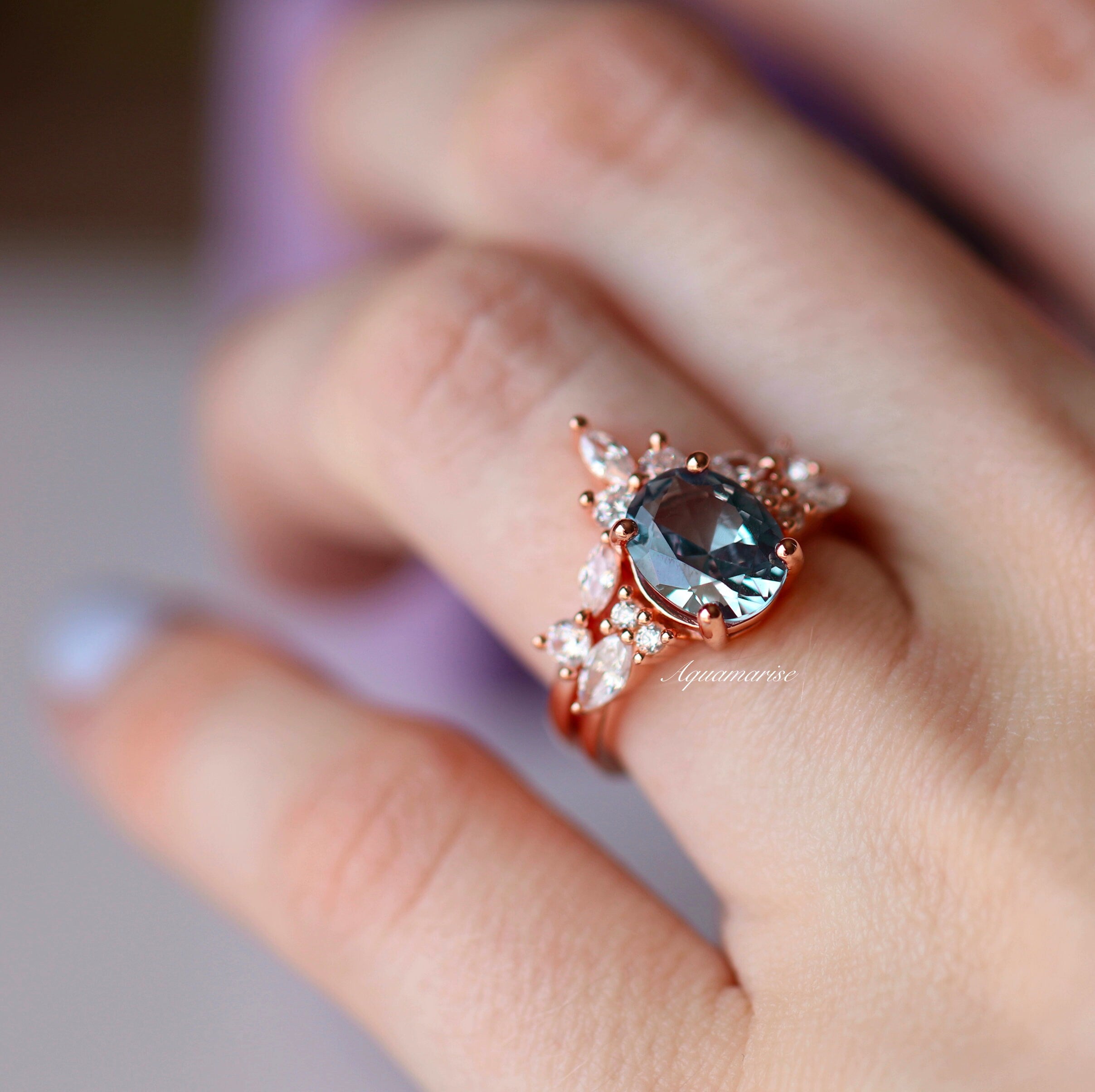Evelyn Alexandrite Ring Set - 14K Rose Gold Vermeil Jewelry for Women | Perfect for Engagement, Anniversary & Special Occasion Gifts