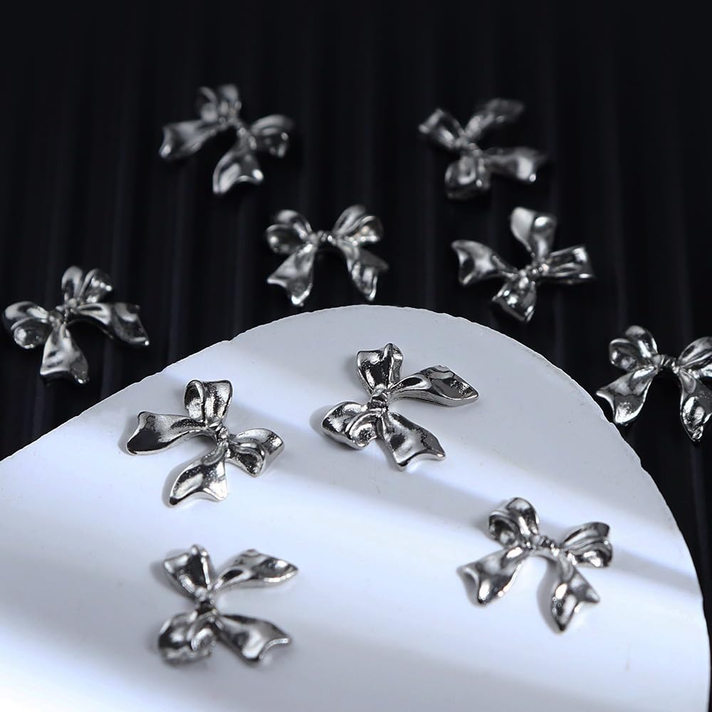 S.A.V.I 3D Bowknot Nail Charms - 10 Pcs Silver Bow Nail Art Decorations for DIY Manicure | Elegant Metallic Nail Accessories for Salon & Home Use | Perfect for Weddings, Parties & Special Occasions