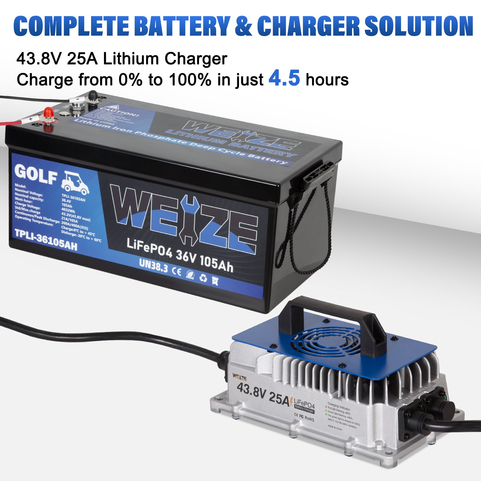 WEIZE 36V (38.4V) 105AH LiFePO4 Deep Cycle Golf Cart Battery - 4032Wh Bluetooth Lithium Battery with 200A BMS, 8000+ Cycles & 10-Year Warranty - Perfect for Golf Carts, RVs, Marine, and Solar Power Systems