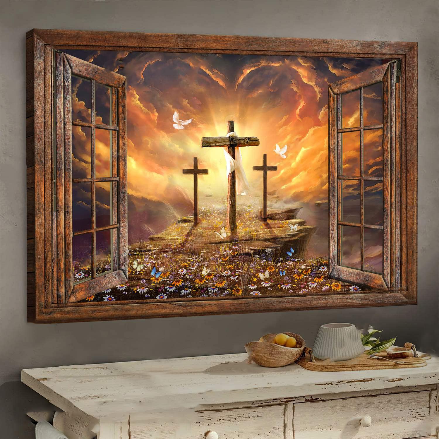 Sunset Painting Path to Heaven - The Three Crosses Jesus Religious Wall Art Poster Canvas - Vintage Home Decor for Living Room, Bedroom - Perfect Christmas, Birthday, Anniversary, Housewarming Gift for Women & Men - Inspirational Christian Faith Decor