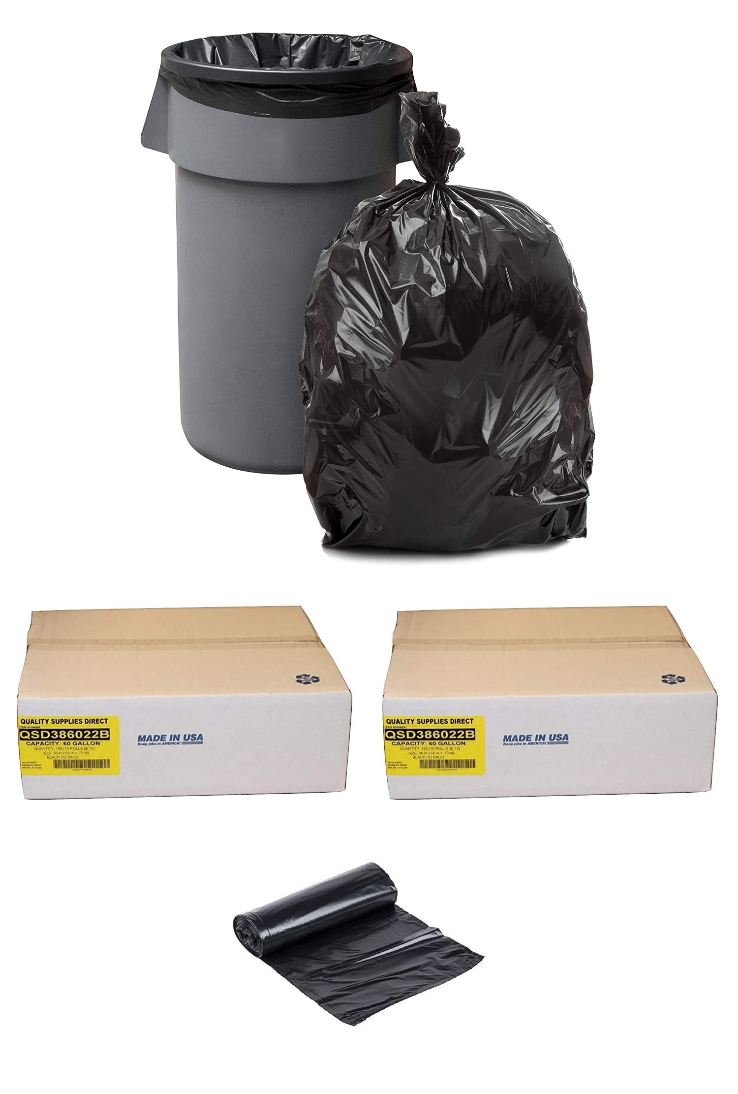 2 Boxes - Heavy Duty 55-60 Gallon Trash Bags (150 Count per Box, 300 Total) - Super High Density Black Garbage Bags for Commercial & Home Use - Ideal for Large Kitchen, Office, and Outdoor Waste Disposal