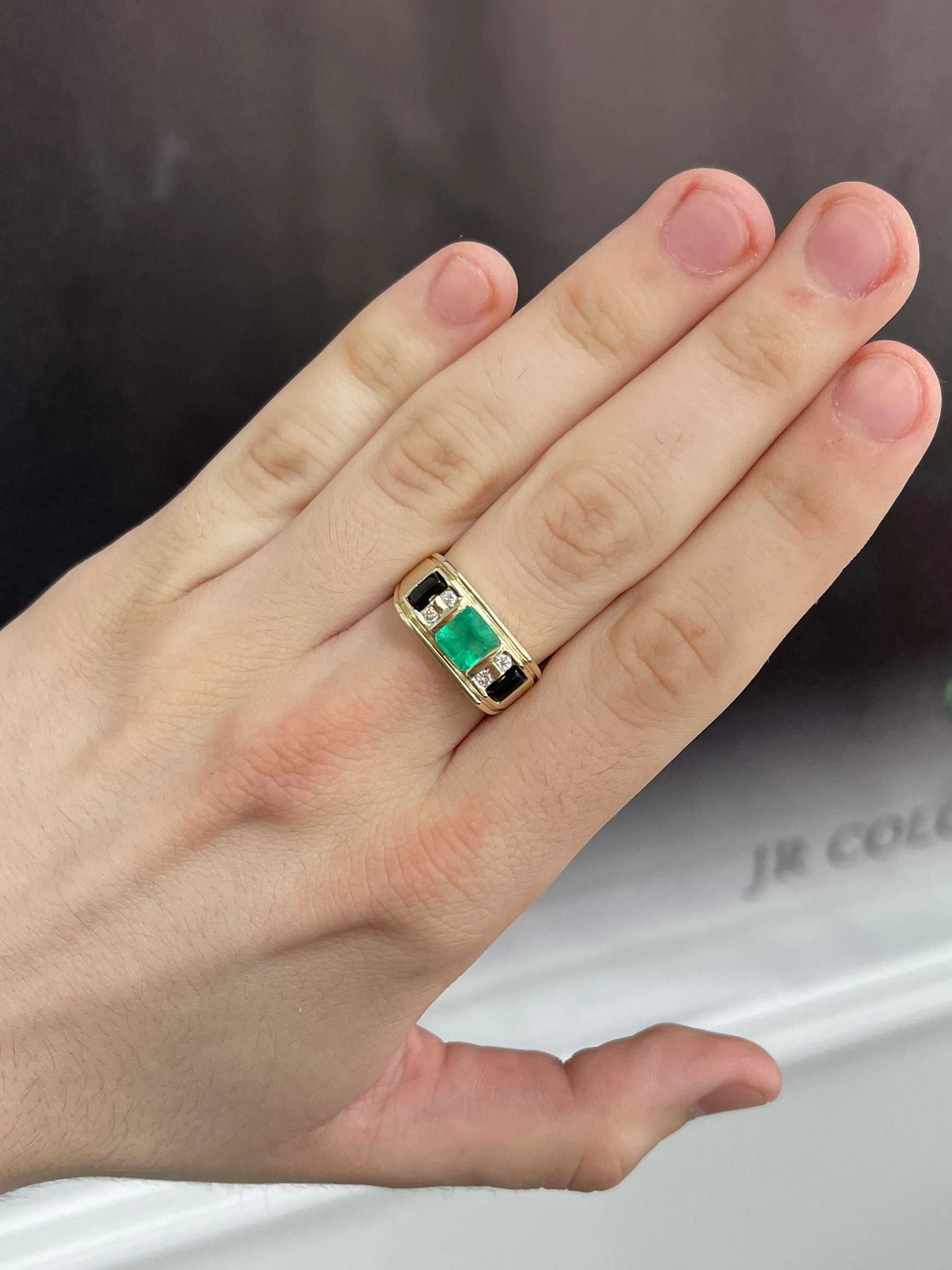 3.07 TCW Natural Colombian Emerald & Black Onyx Diamond Ring for Men in 14K Gold - Perfect for Weddings, Anniversaries & Special Occasions