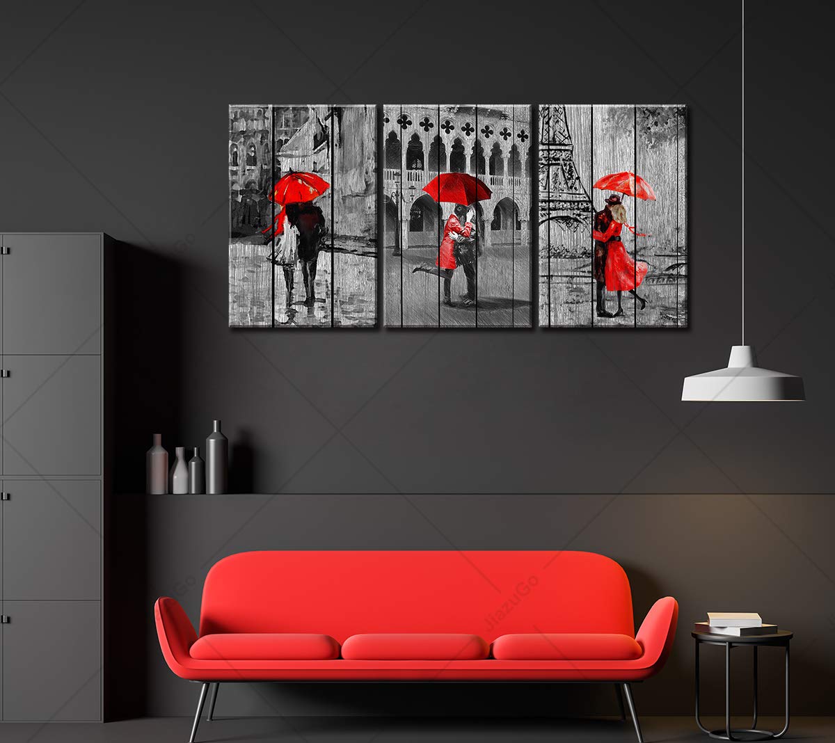 JiazuGo - Romantic Red Umbrella Woman Painting, Paris Eiffel Tower Black & White Cityscape Art, Stretched Framed Canvas Wall Decor for Bedroom, Living Room, Valentine's Day Gift for Couples & Lovers | Perfect for Home, Office & Wedding Decor