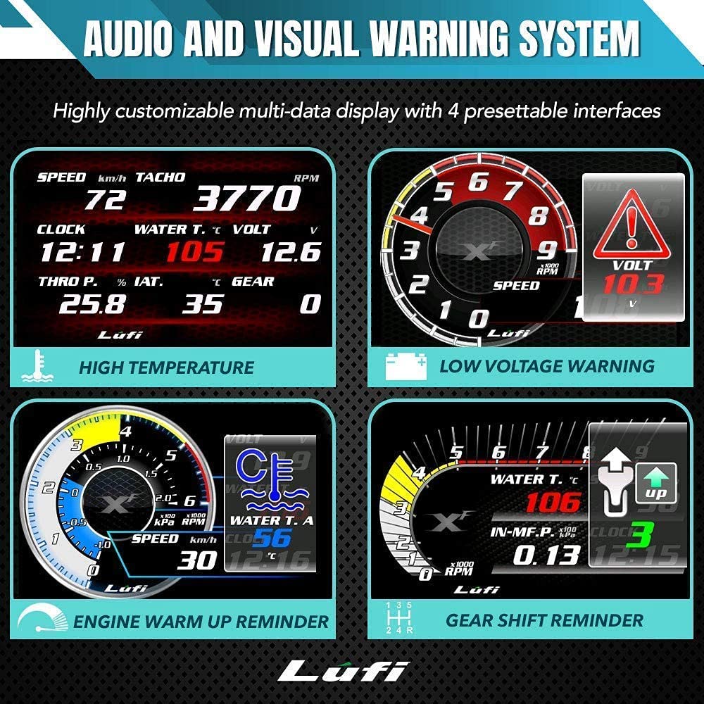 Lufi XF OBD2 Gauge Display - Multi-Function Car Data Monitor with Head Up Display - Fast Response & Highly Customizable - Compatible with Most Vehicles 2007+ (Excludes Boost/Transmission/Oil Temp/Pressure) - Perfect for Performance Tuning, Real-Time Monitoring & Driving Safety