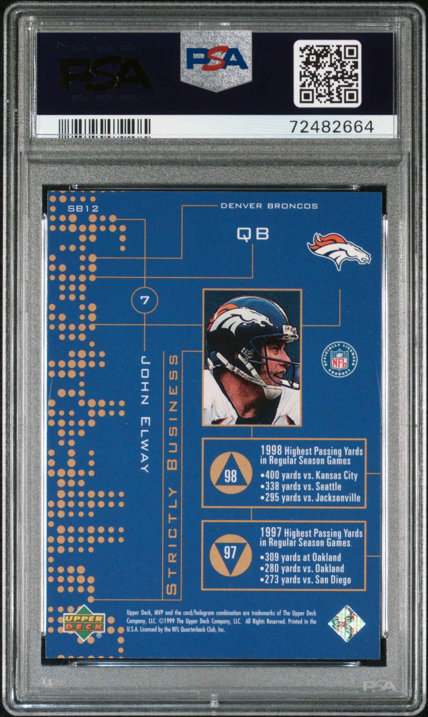 1999 Upper Deck MVP Strictly Business John Elway #SB12 PSA 10 Gem Mint - Rare Football Trading Card for Collectors & Sports Memorabilia Enthusiasts - Perfect for Display, Investment & Gifting