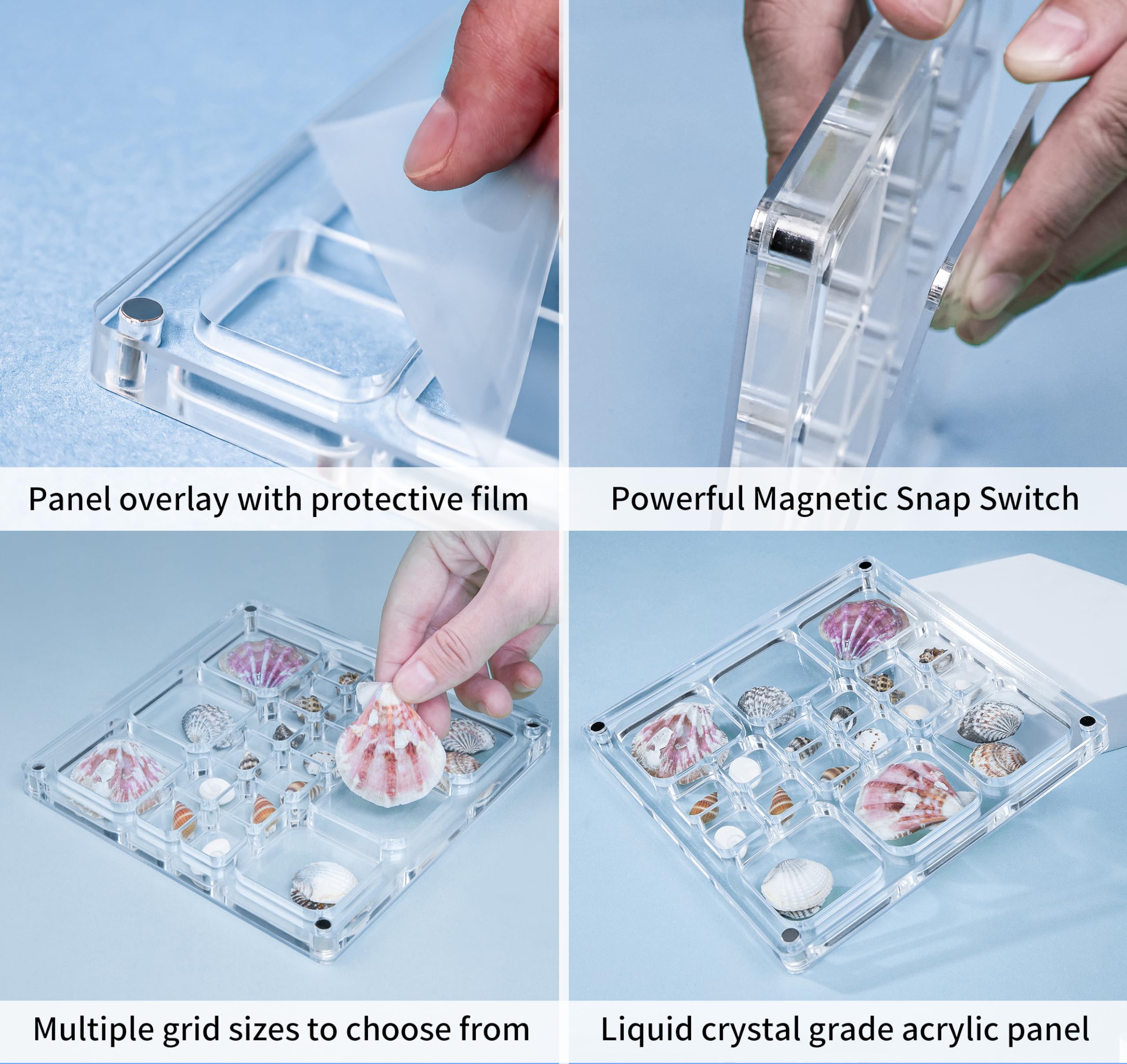 Multi-Style Clear Acrylic Magnetic Seashell Display Box - Shadow Box for Tiny Treasures, Shell Collector Case with Grid Cabinet - Perfect for Beachcombing Finds, Jewelry Display & Home Decor