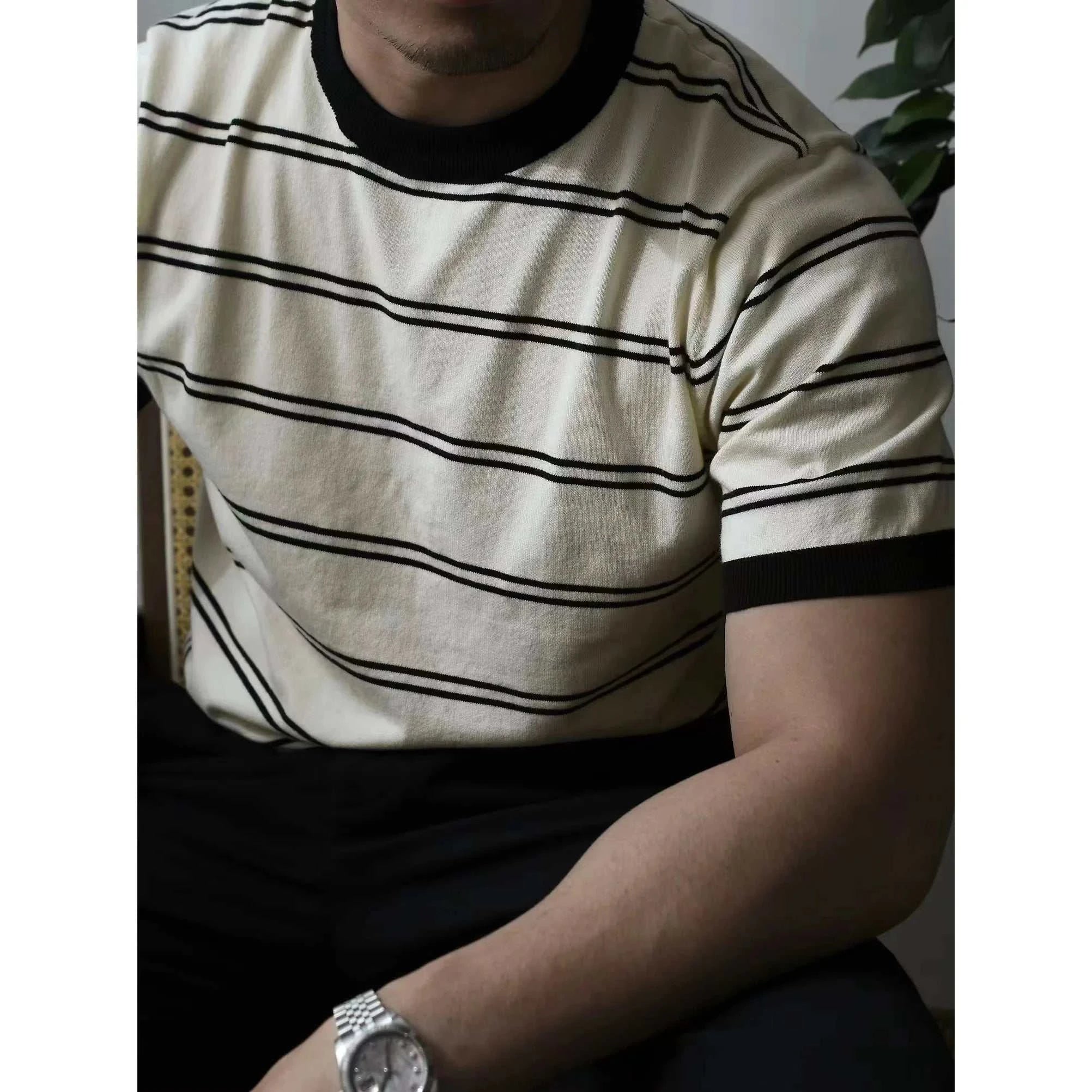Stylish Smart Casual Striped Summer T-Shirt for Men - Breathable Cotton Comfort Wear for Outdoor Activities & Casual Outings