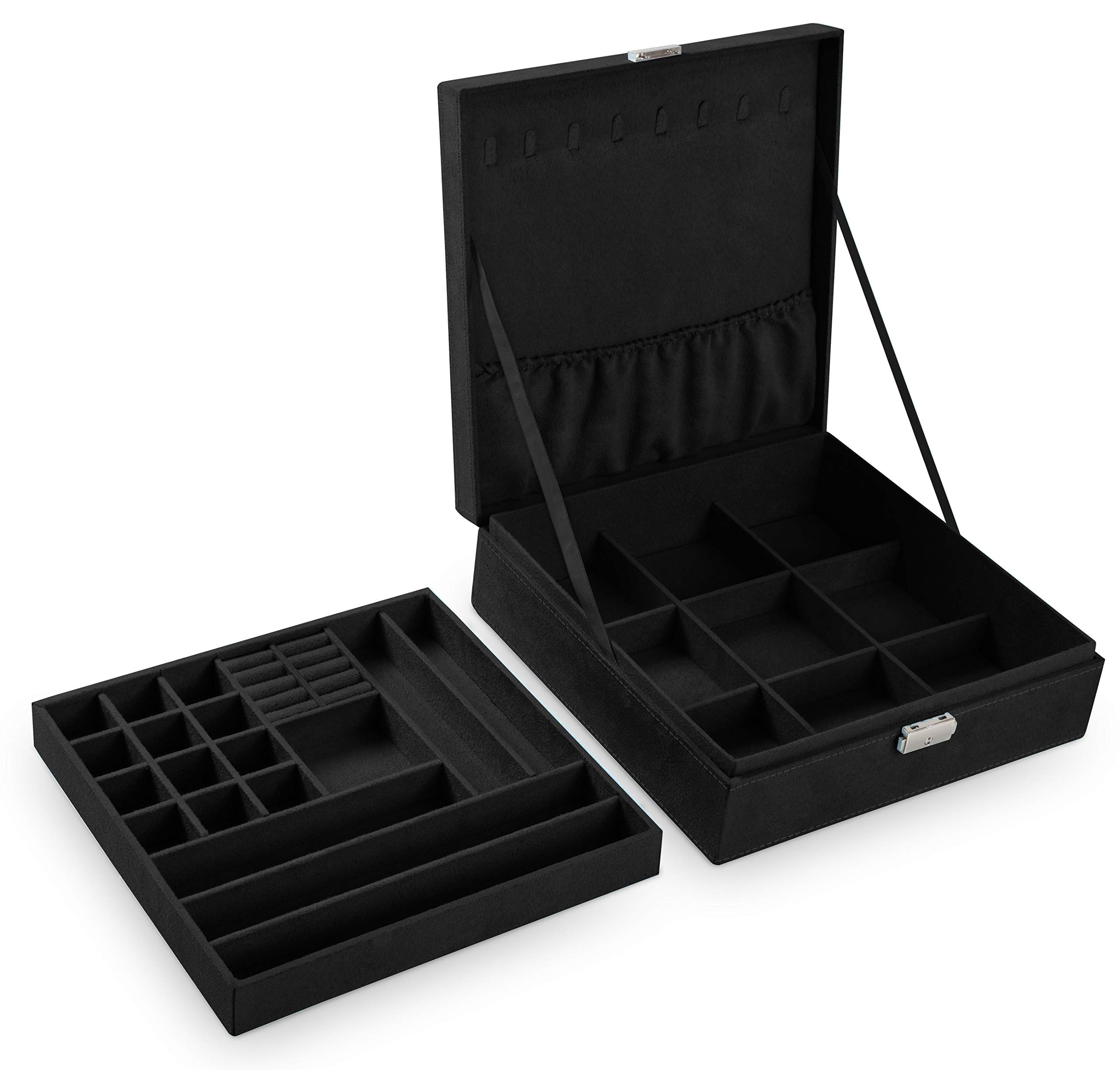 2-Layer Jewelry Box Organizer with Lock - Black Velvet Display Case for Necklaces, Rings & Earrings - Perfect for Travel, Home Storage & Gift Giving