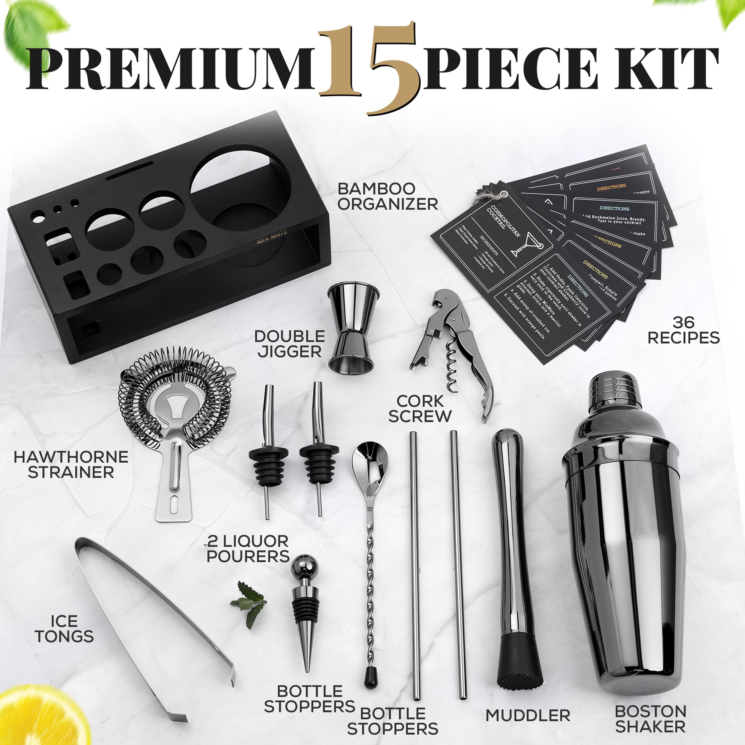 Premium 15-Piece Black Stainless Steel Cocktail Shaker Set with Wood Stand - Professional Bartender Kit Includes Drink Mixer, Bar Spoon, Jigger, Muddler, Strainer, Bottle Opener & More - Perfect for Home Bars, Parties & Mixology Enthusiasts