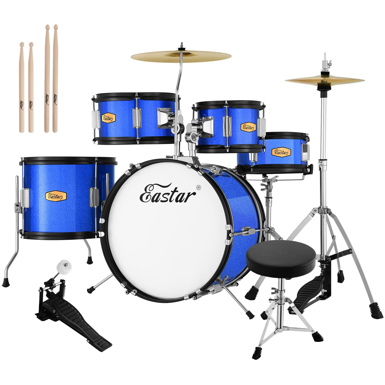 Eastar Kids Drum Set - 16 Inch 5-Piece Beginner Drum Kit with Adjustable Throne, Cymbal, Pedal & Drumsticks, Metallic Blue (EDS-350MBE) - Perfect for Home Practice, Music Lessons & Birthday Gifts