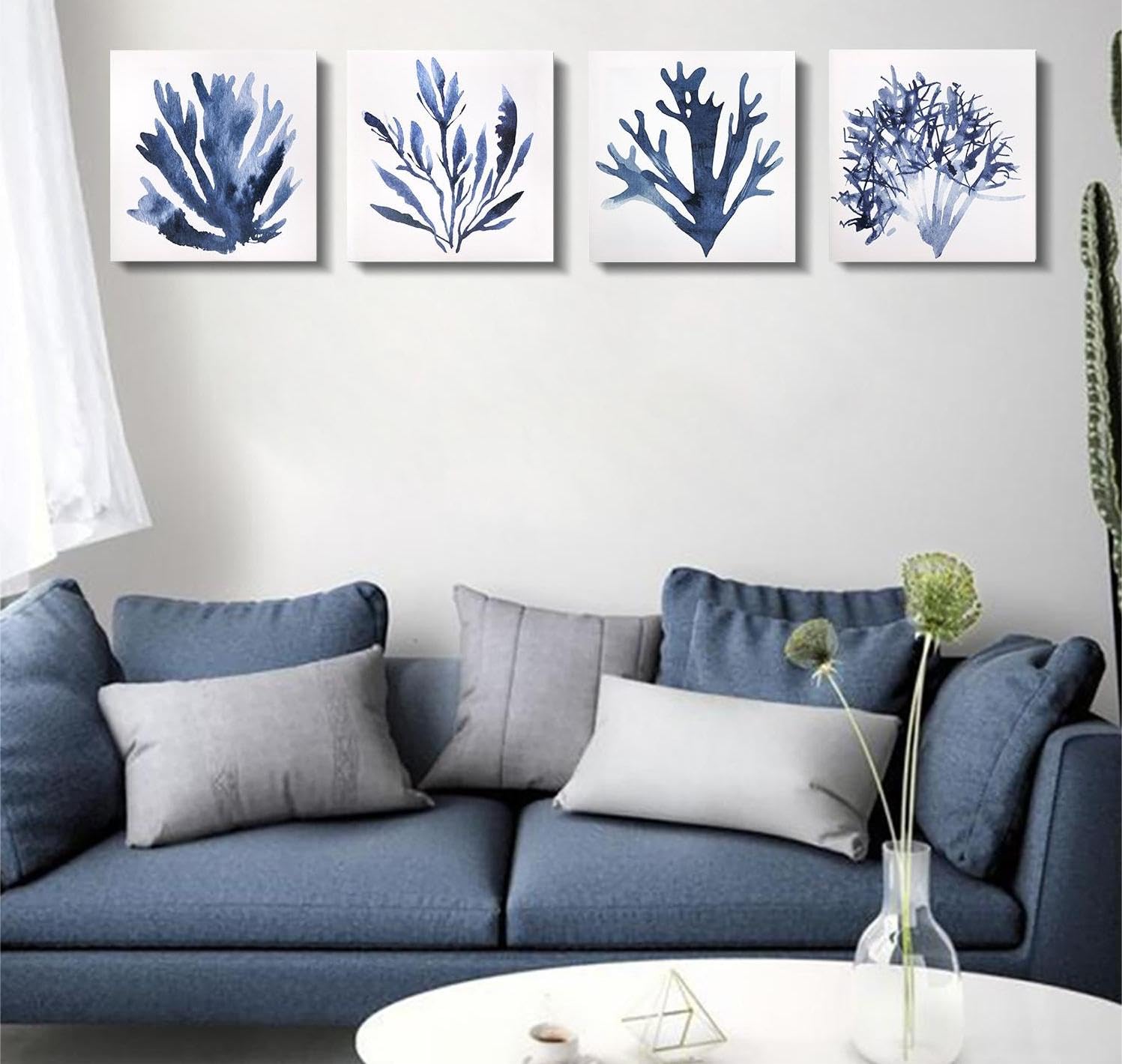 ArtbyHannah 4-Pack Blue Bathroom Wall Art Set - 12x12 Inch Navy Blue Coastal Ocean Coral Beach Canvas Prints for Bathroom Decor | Perfect for Coastal-Themed Bathrooms, Beach Houses & Nautical Home Decor