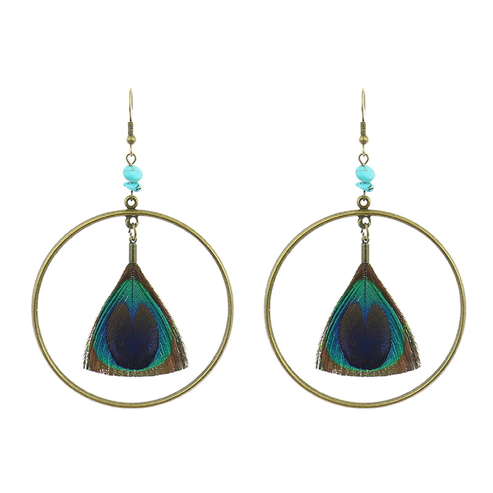 Adonpshy Peacock Feather Drop Earrings for Women - Ethnic Style Geometric Circle Hook Earrings Jewelry Accessories | Perfect for Boho, Festival, and Party Outfits