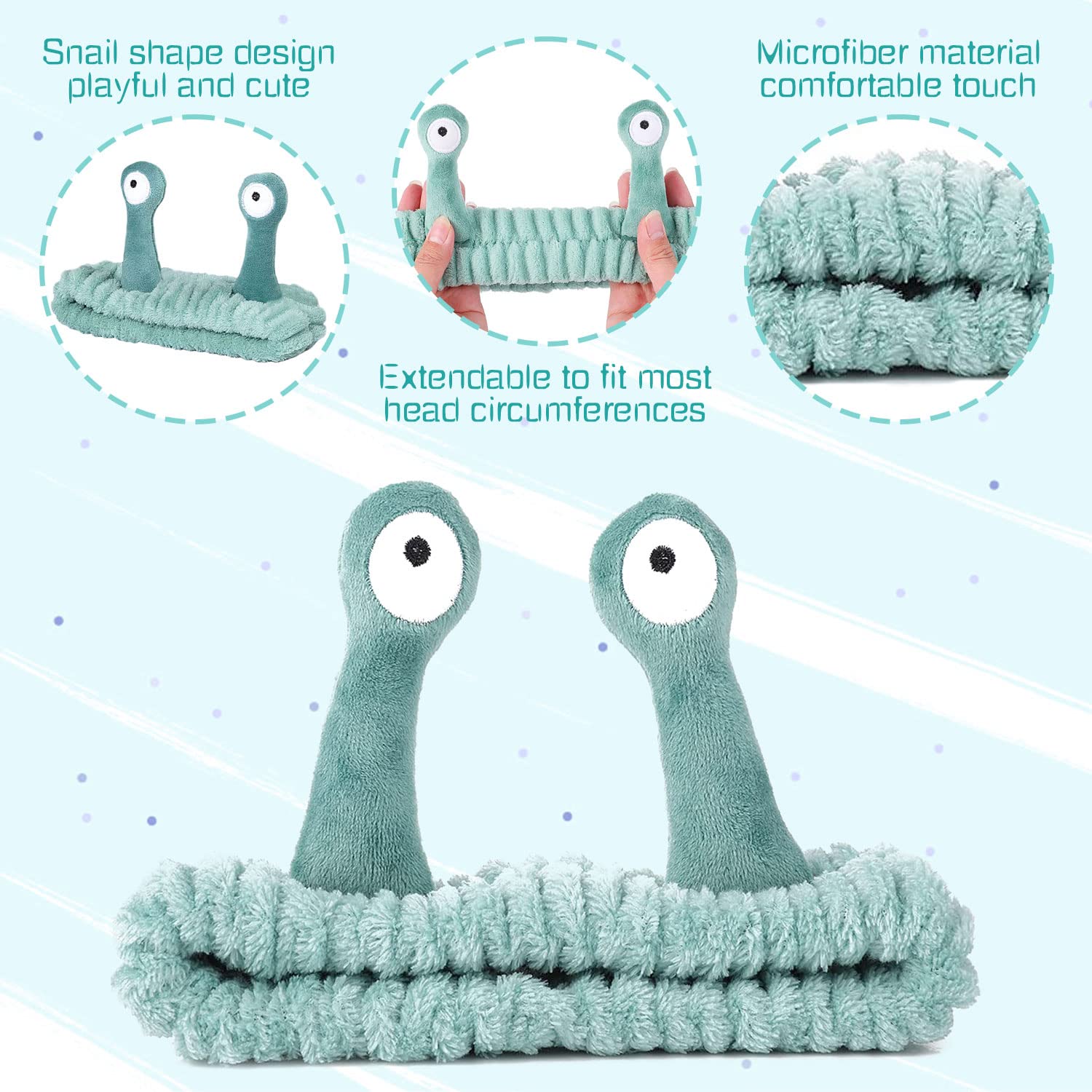 Cute Snail Headband for Washing Face - Soft Coral Fleece Skincare & Makeup Headband - Elastic Hair Band for Shower, Sports, Beauty Routine (Green) - Perfect for Spa, Skincare & Daily Use