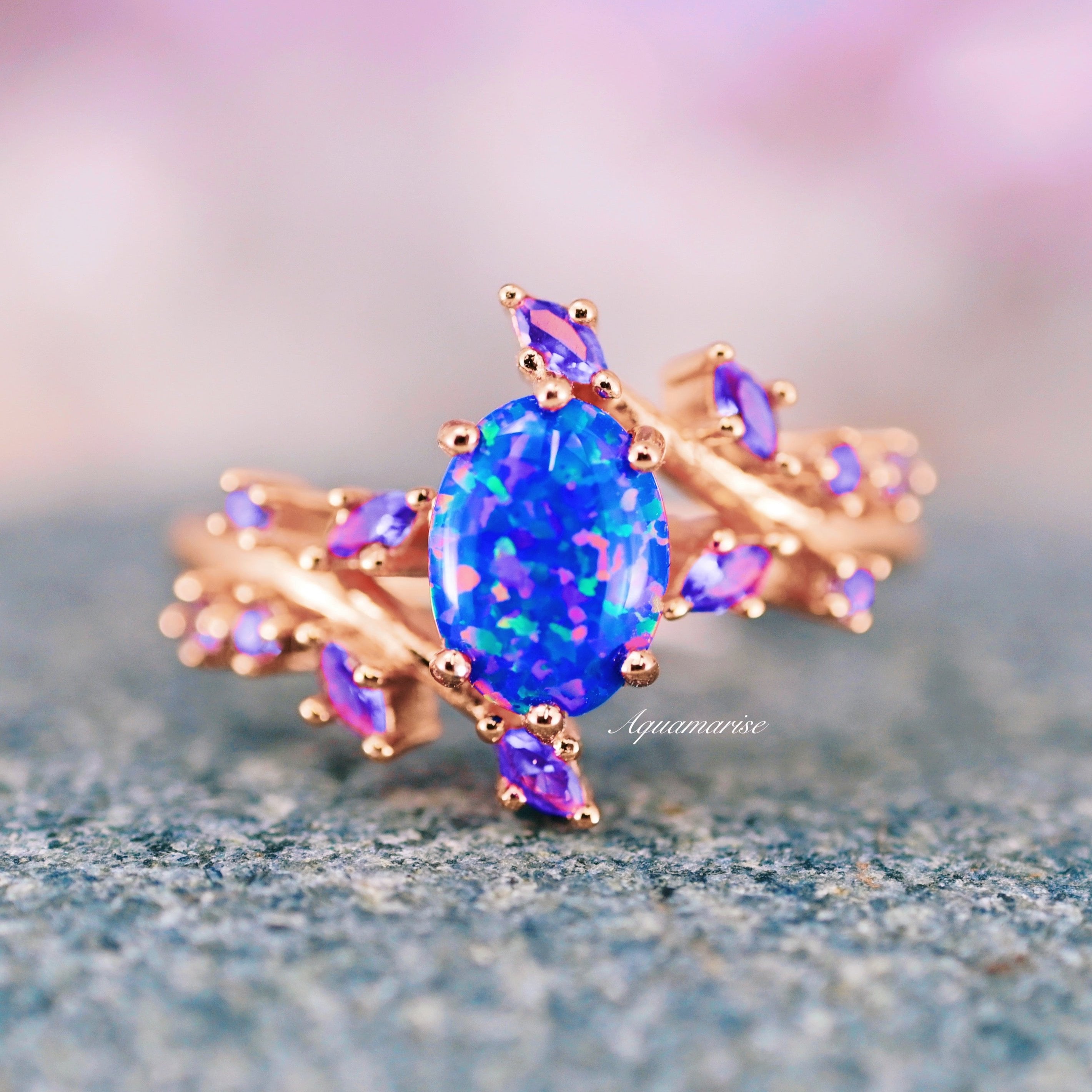 Starry Night Van Gogh Inspired Blue Fire Opal & Cornflower Sapphire Ring - 14K Rose Gold Vermeil Jewelry for Women - Perfect for Evening Parties, Weddings & Special Occasions