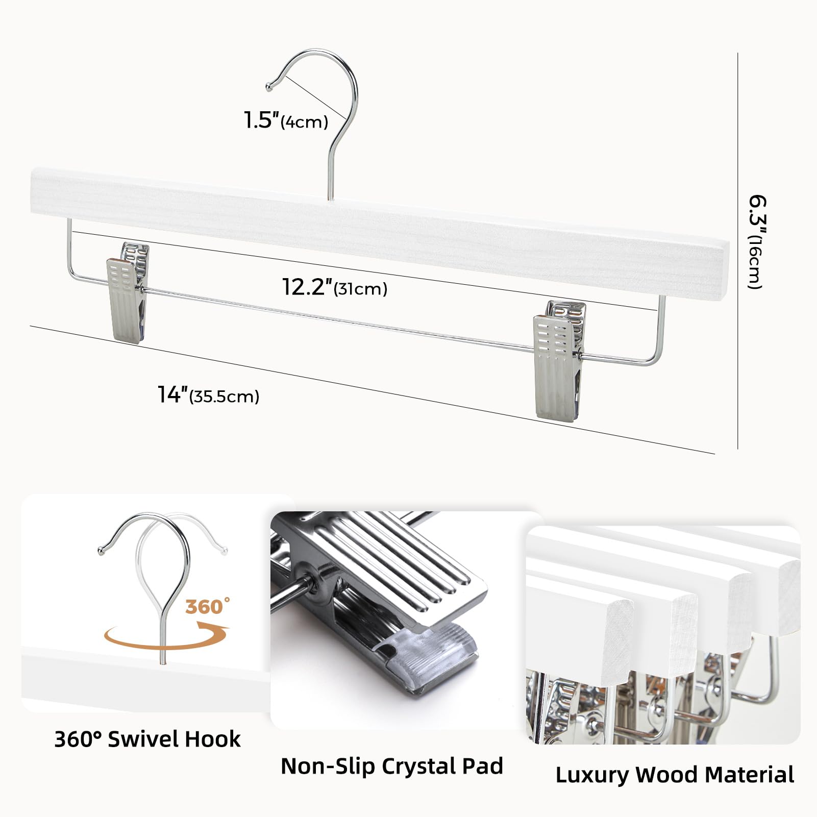 Premium Wooden Pants Hangers 25 Pack - Heavy Duty Adjustable Clips, Anti-Slip Wood Bottom for Slacks, Jeans & Trousers - Ideal for Closet Organization & Wardrobe Storage (White)
